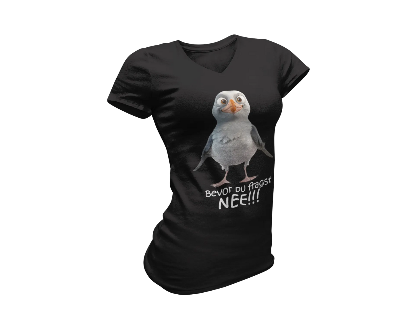 Damen T-Shirt mit V-Ausschnitt – „Bevor du fragst: NEE!!!“ (Möwe)
