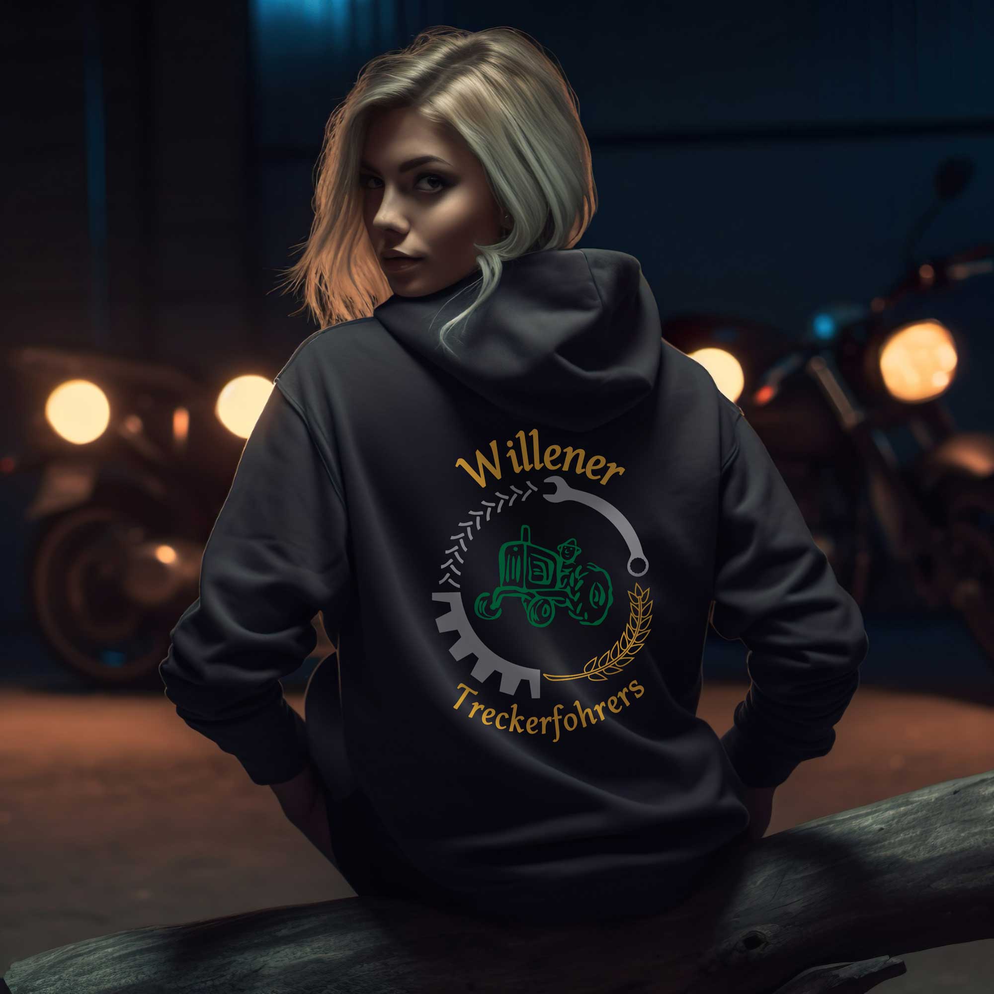 Frau in schwarzem Hoodie mit Aufdruck „Willener Treckerfohrers“ – individuelles Vereinsmotiv mit Zahnrad und Traktor.
