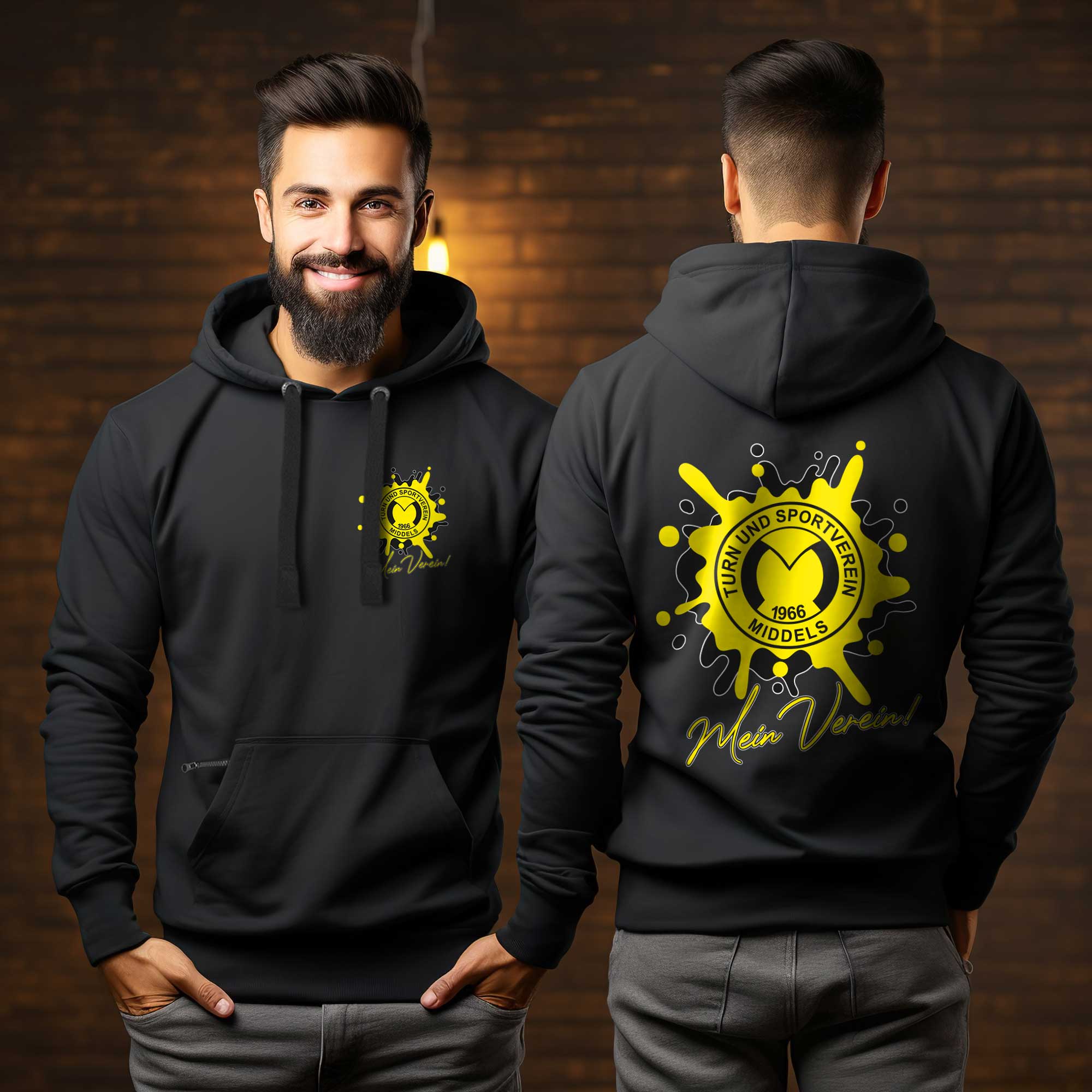 Zwei Männer mit Vereins-Hoodies – personalisierte Teamkleidung mit Logo und Namen
