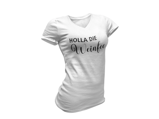 Damen T-Shirt mit V-Ausschnitt – Holla die Weinfee