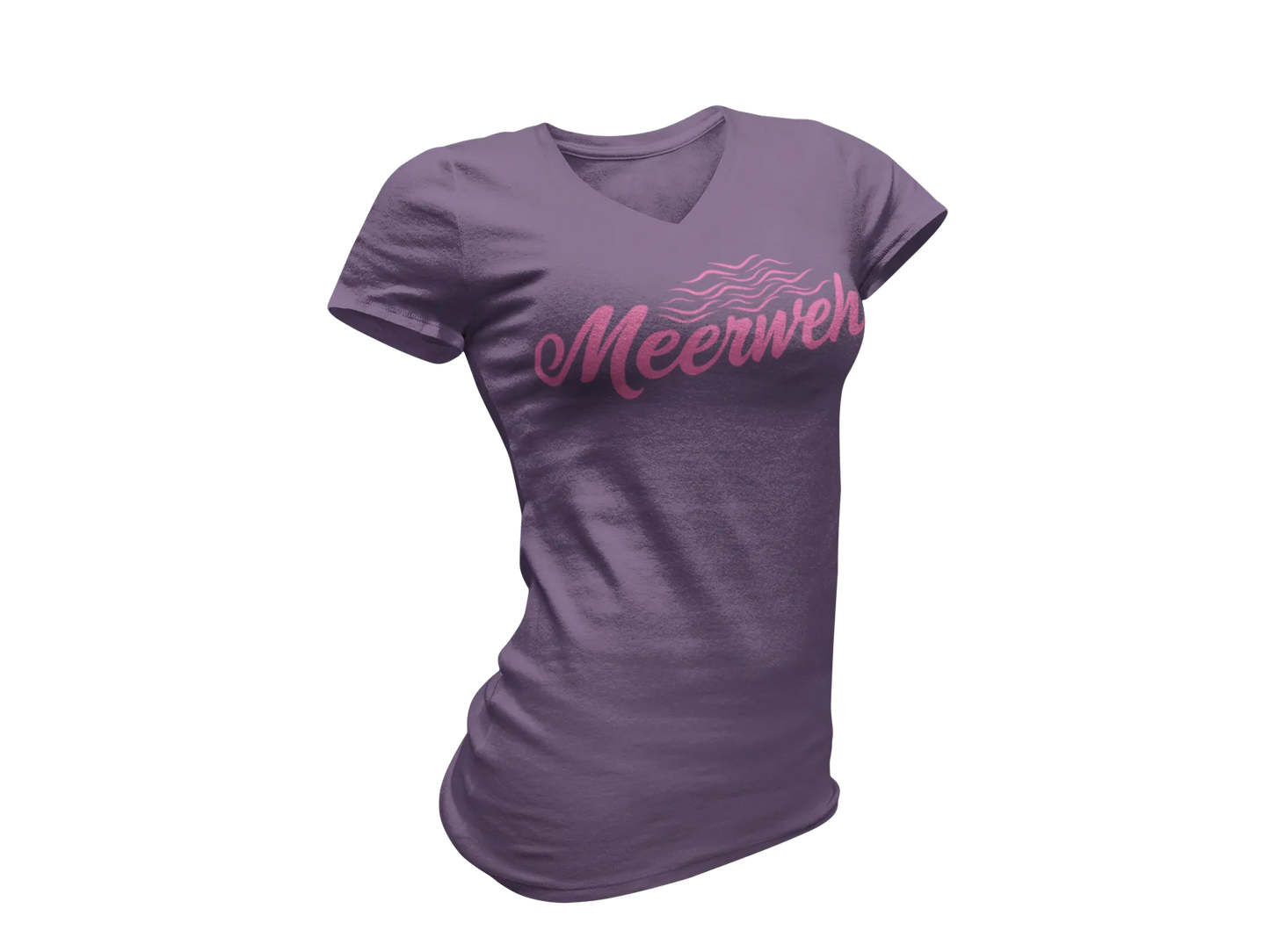 Damen T-Shirt mit V-Ausschnitt – „Meerweh“ (Schriftzug, Pink)