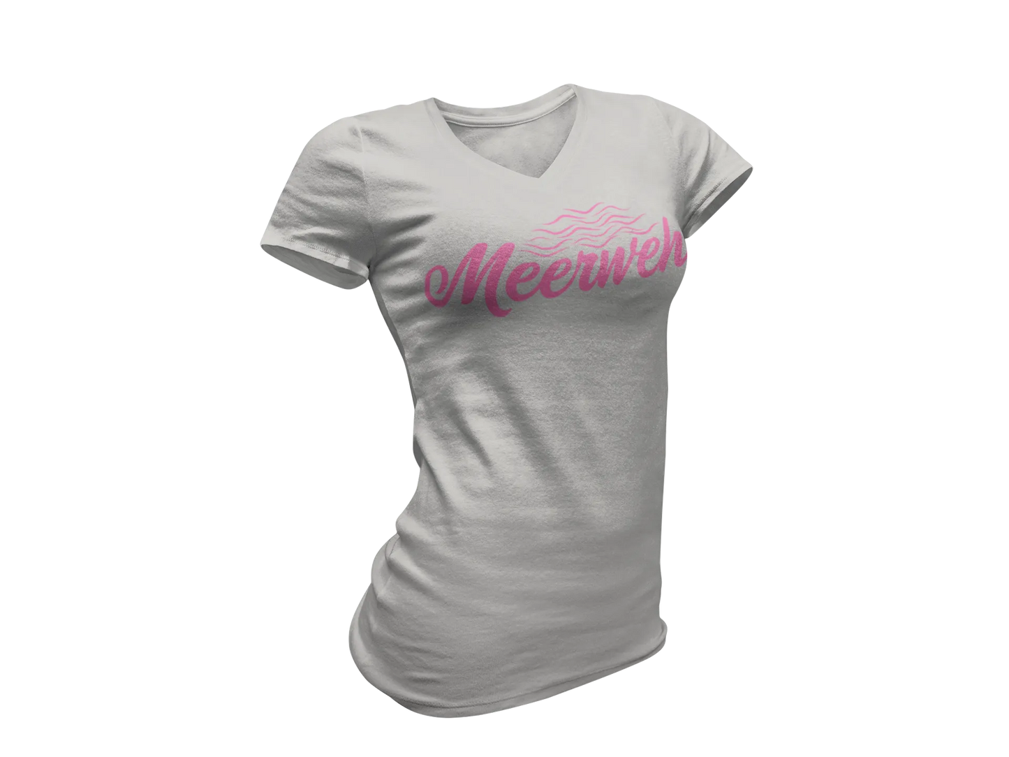Damen T-Shirt mit V-Ausschnitt – „Meerweh“ (Schriftzug, Pink)