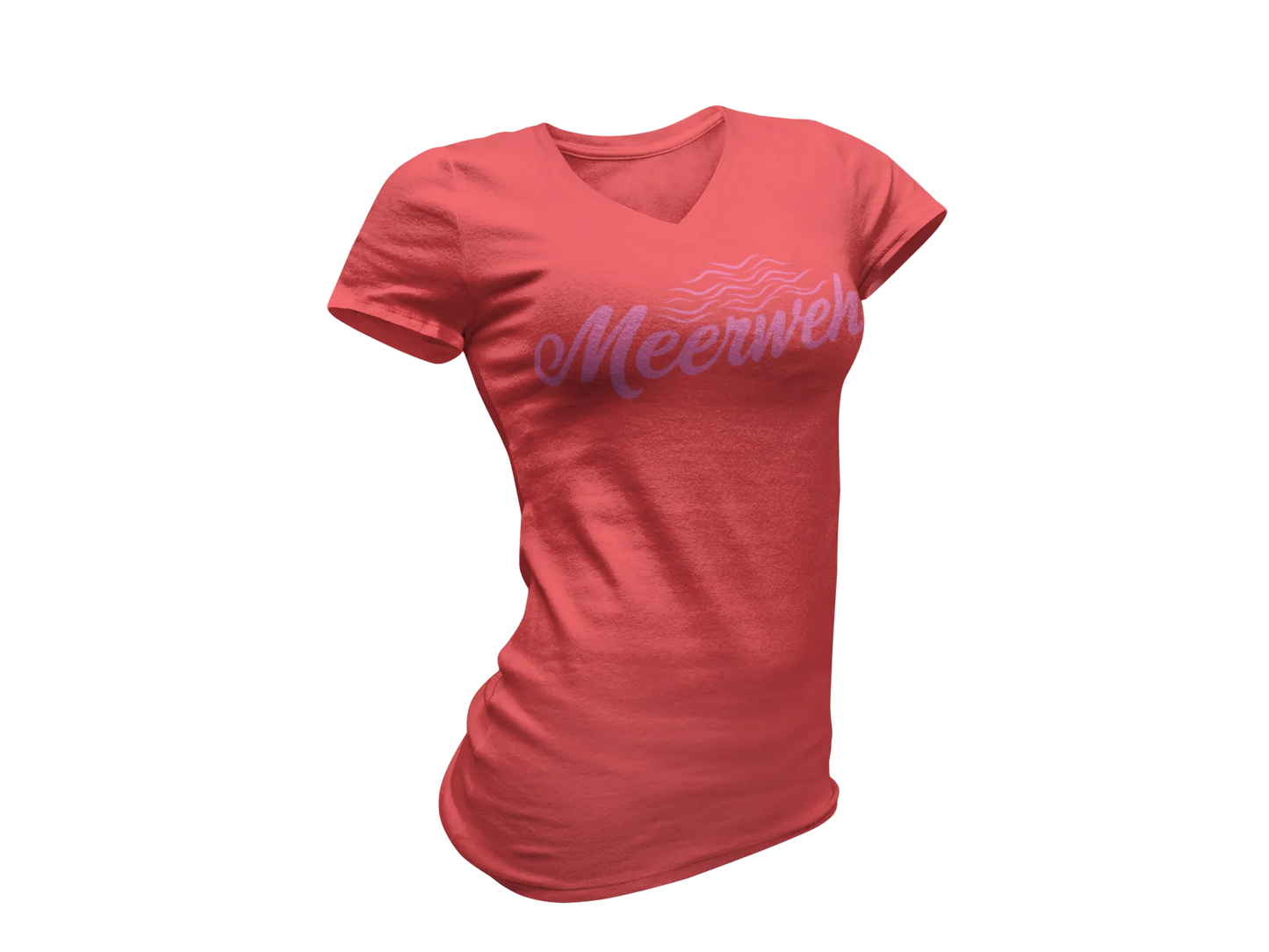 Damen T-Shirt mit V-Ausschnitt – „Meerweh“ (Schriftzug, Pink)