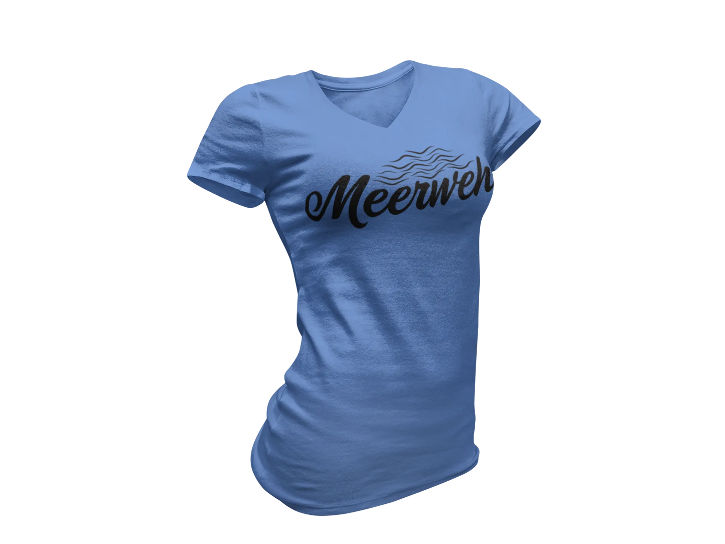Damen T-Shirt mit V-Ausschnitt – „Meerweh“ (Schriftzug, Schwarz)