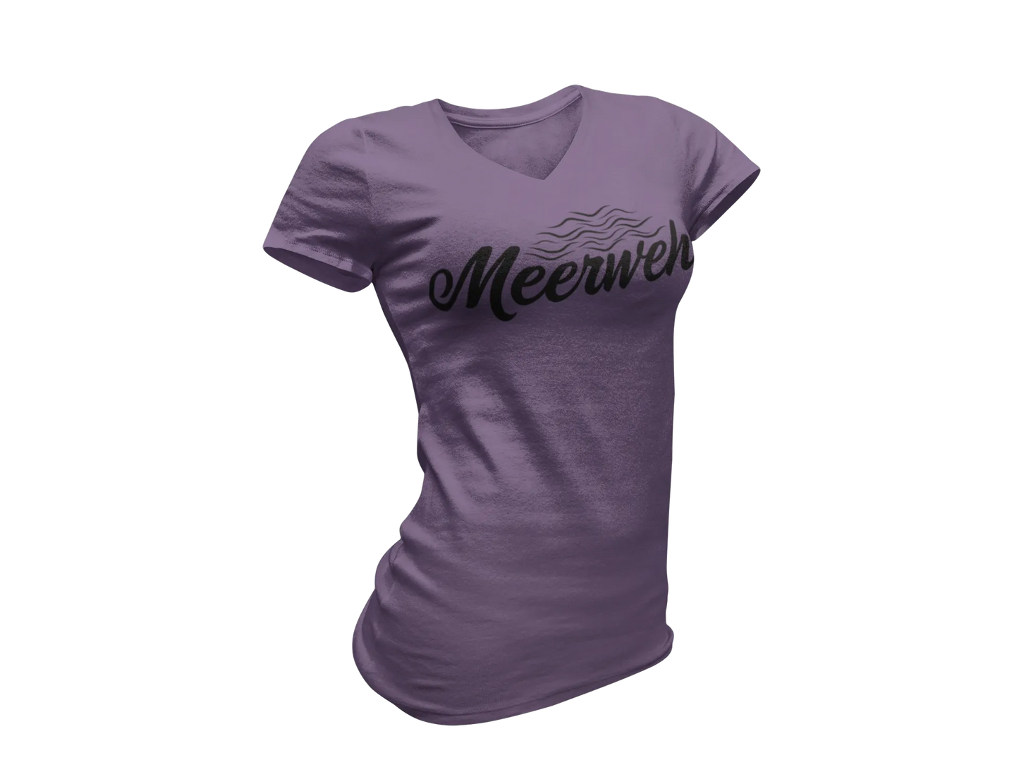 Damen T-Shirt mit V-Ausschnitt – „Meerweh“ (Schriftzug, Schwarz)