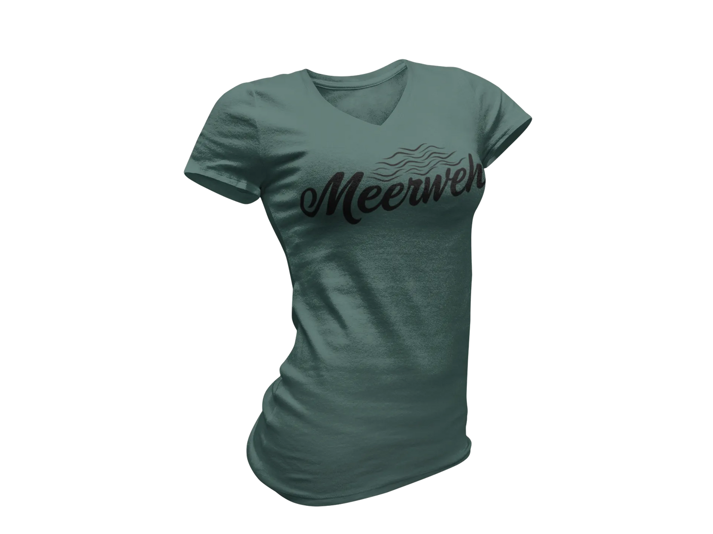 Damen T-Shirt mit V-Ausschnitt – „Meerweh“ (Schriftzug, Schwarz)