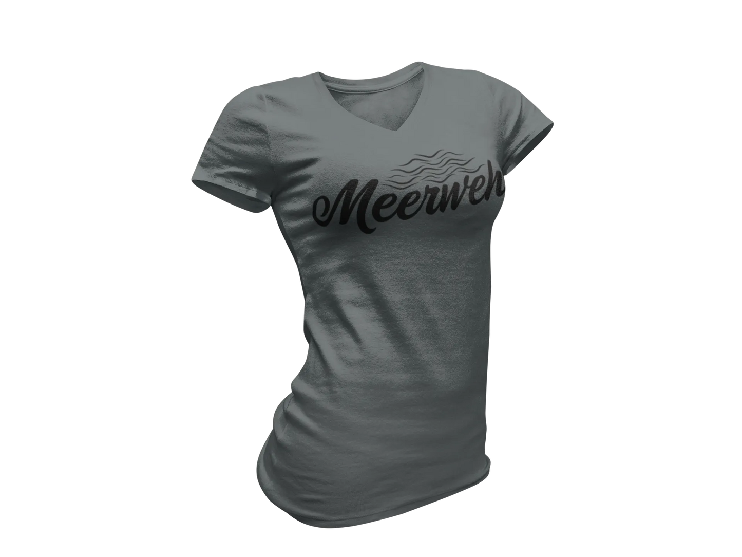 Damen T-Shirt mit V-Ausschnitt – „Meerweh“ (Schriftzug, Schwarz)