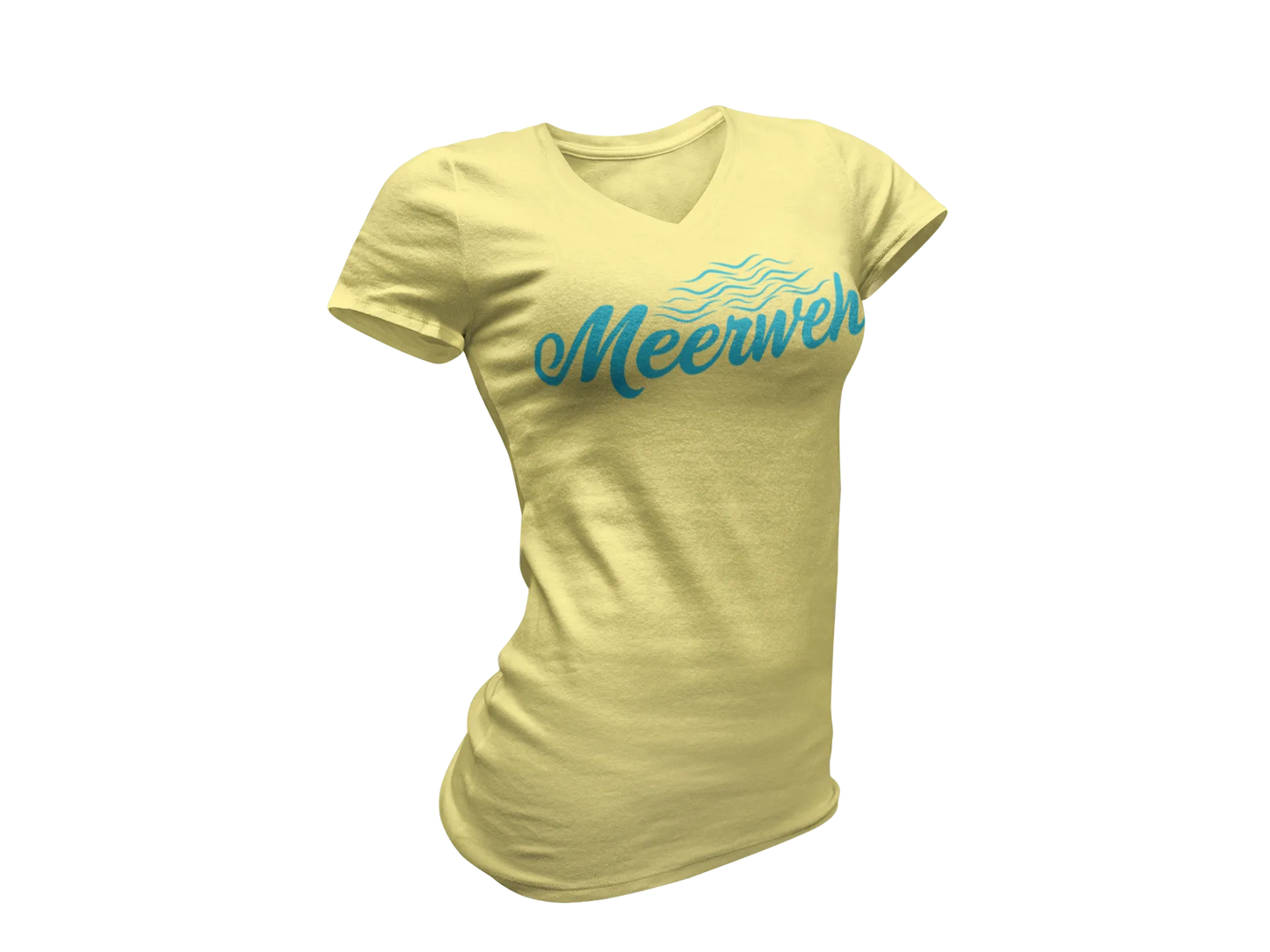Damen T-Shirt mit V-Ausschnitt – „Meerweh“ (Schriftzug, Türkis)
