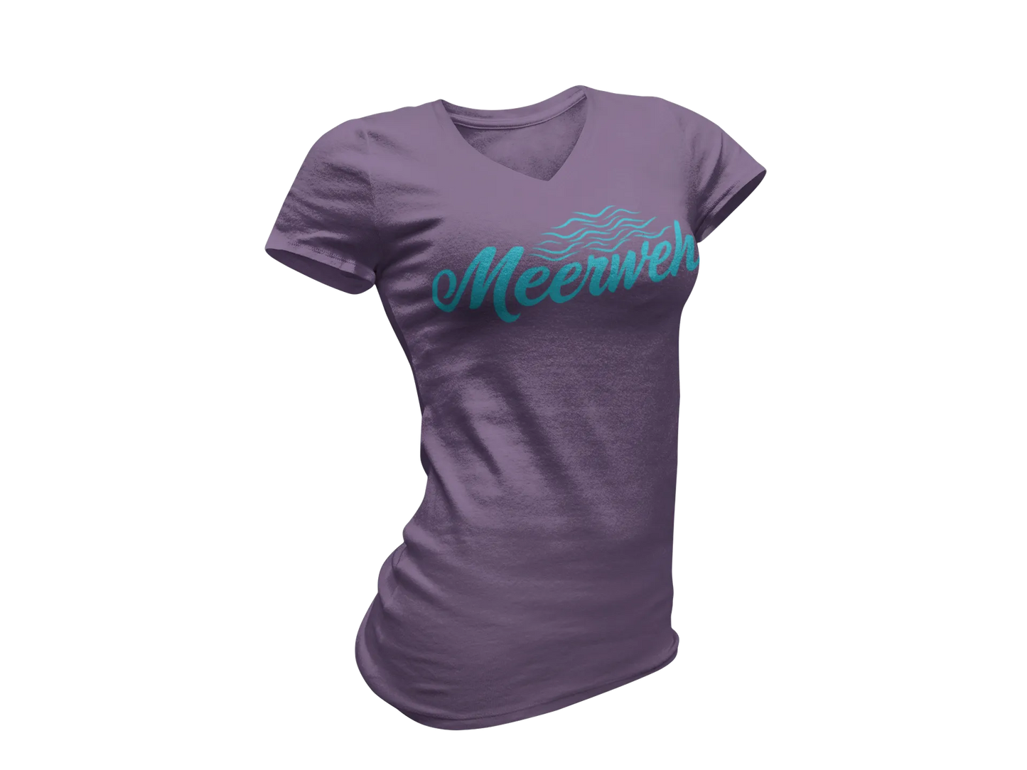 Damen T-Shirt mit V-Ausschnitt – „Meerweh“ (Schriftzug, Türkis)