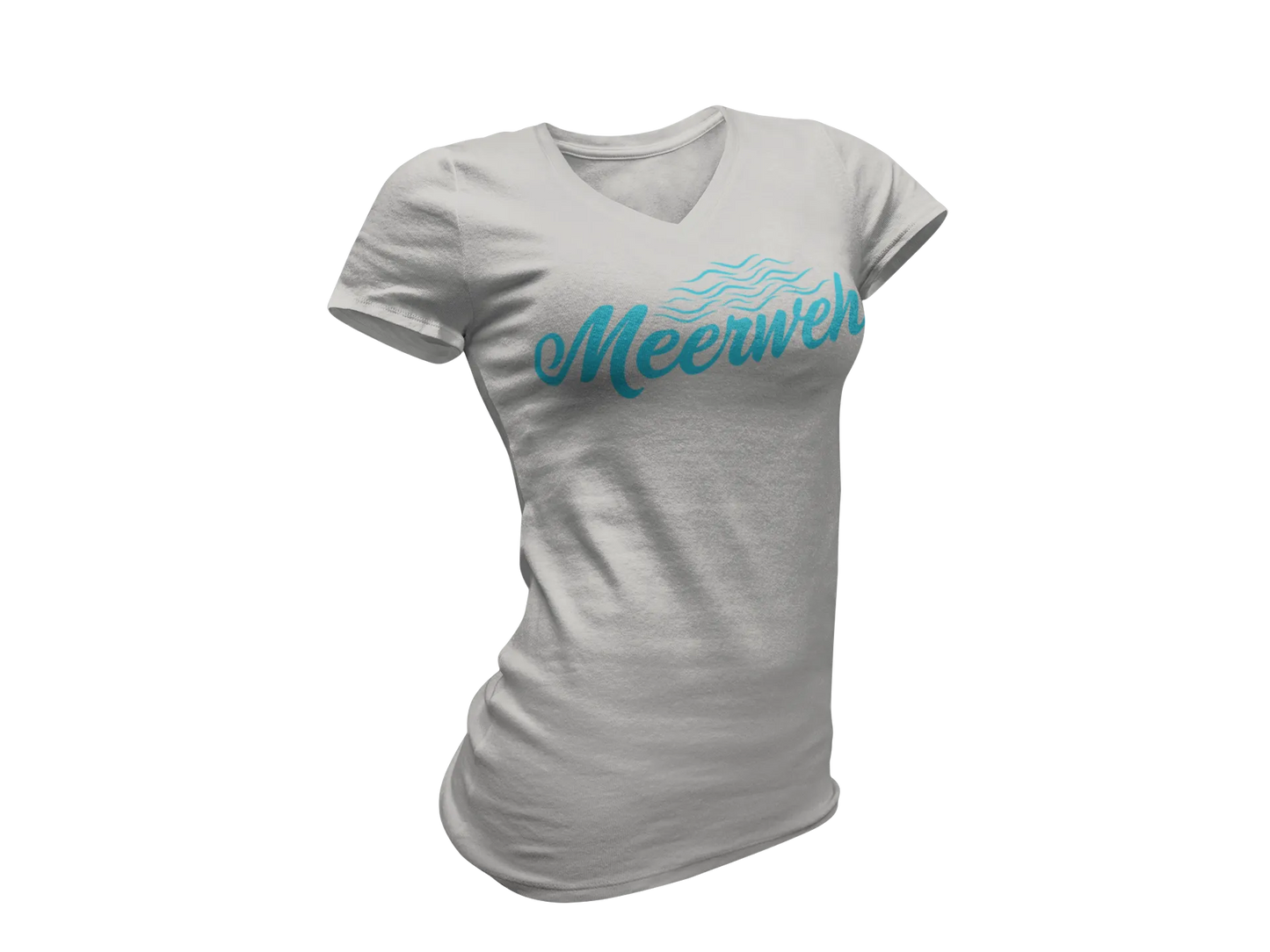 Damen T-Shirt mit V-Ausschnitt – „Meerweh“ (Schriftzug, Türkis)