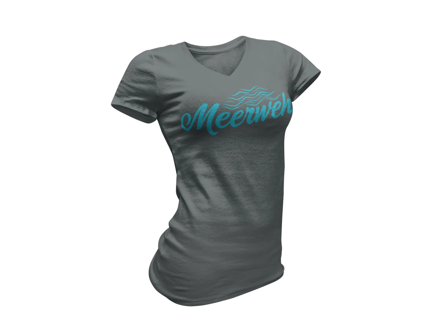 Damen T-Shirt mit V-Ausschnitt – „Meerweh“ (Schriftzug, Türkis)