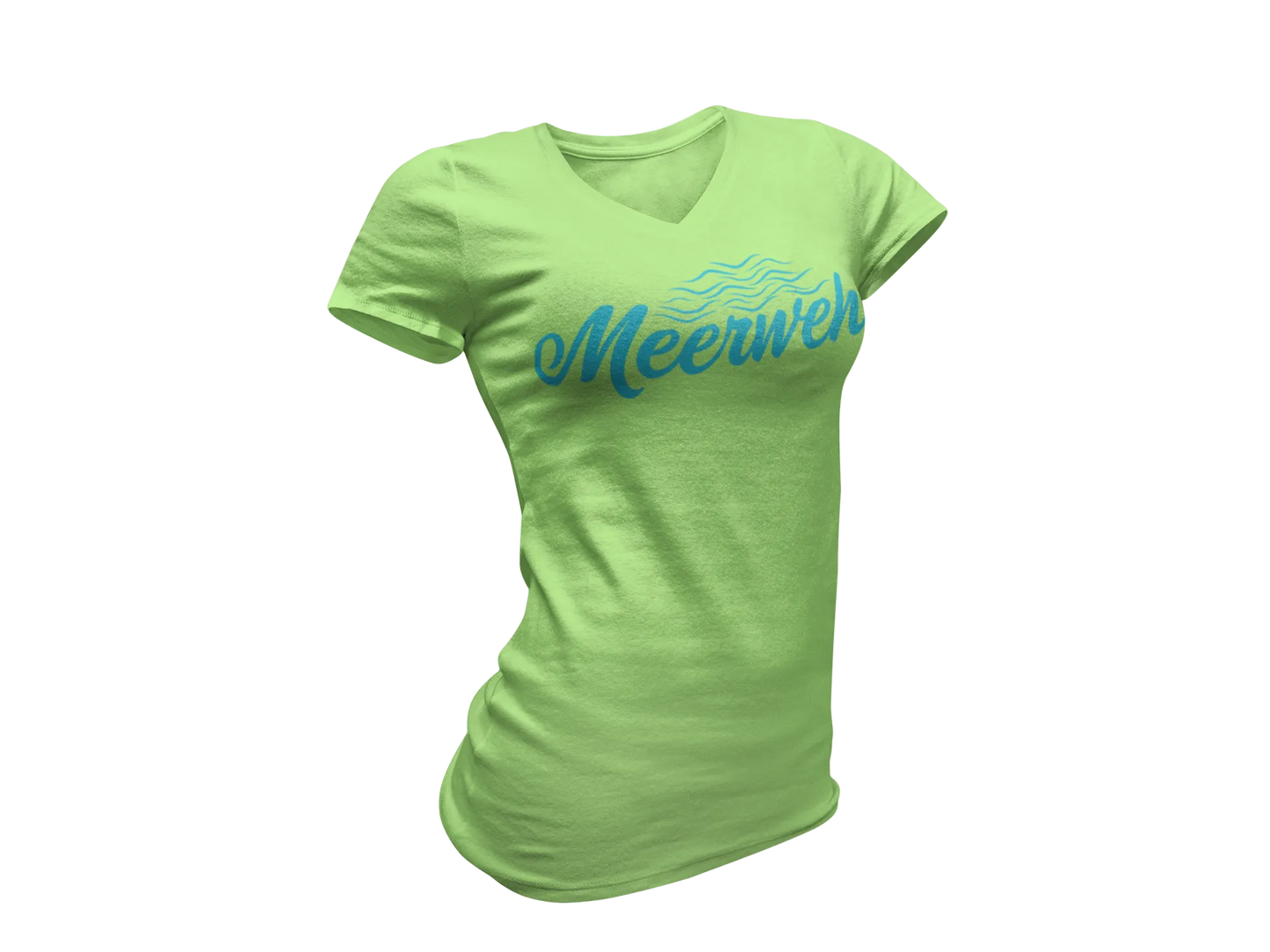 Damen T-Shirt mit V-Ausschnitt – „Meerweh“ (Schriftzug, Türkis)