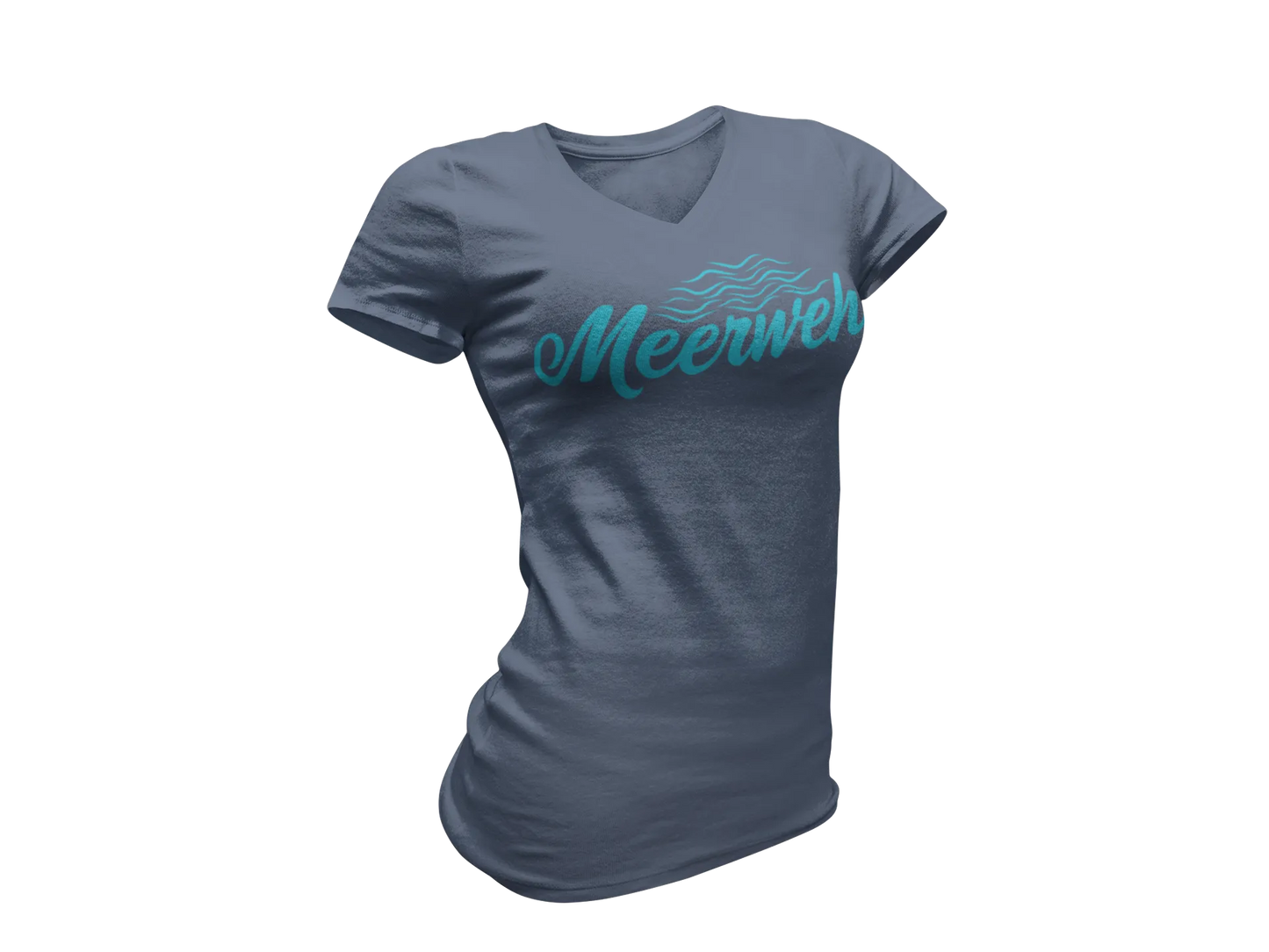 Damen T-Shirt mit V-Ausschnitt – „Meerweh“ (Schriftzug, Türkis)