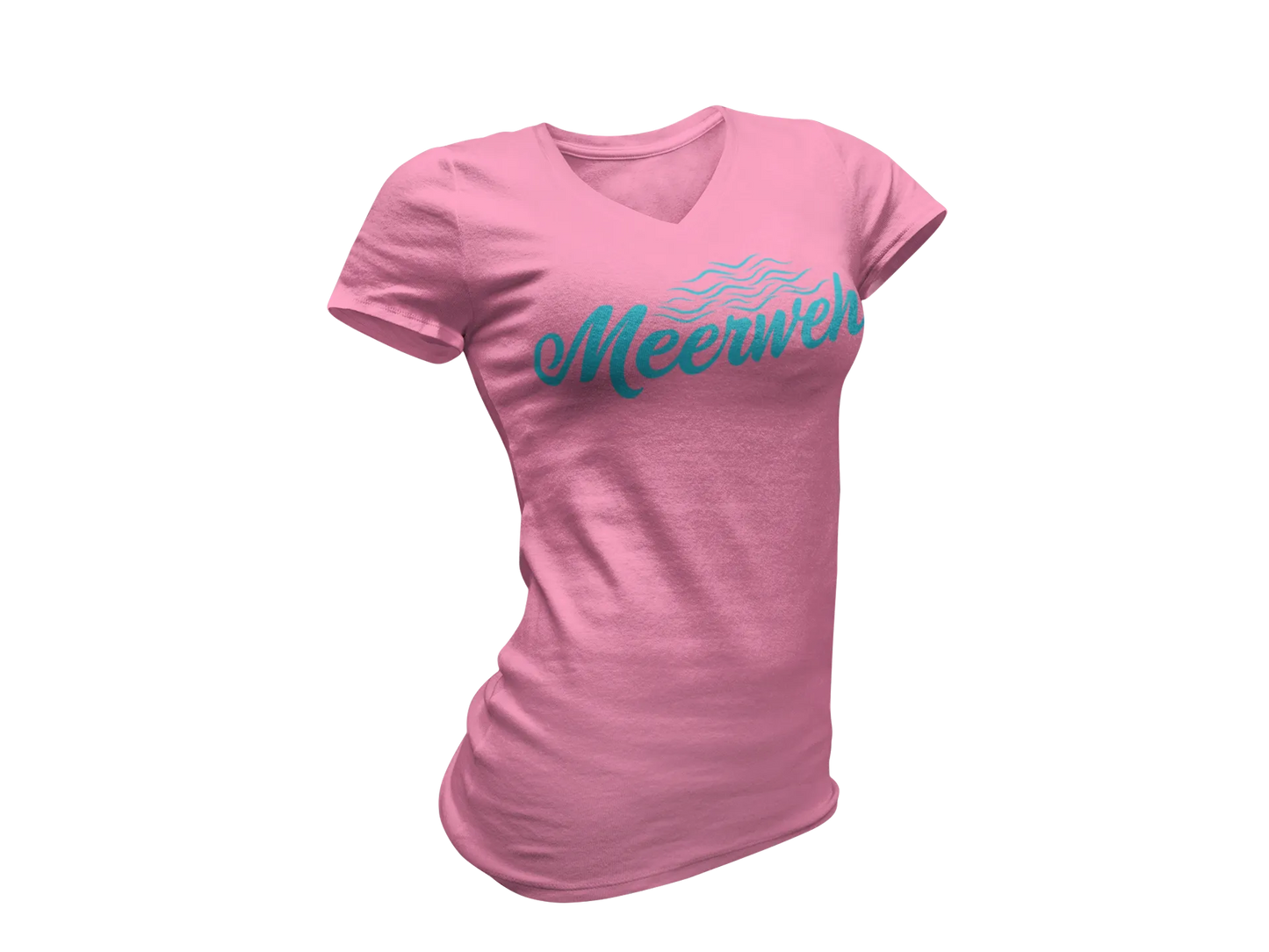 Damen T-Shirt mit V-Ausschnitt – „Meerweh“ (Schriftzug, Türkis)