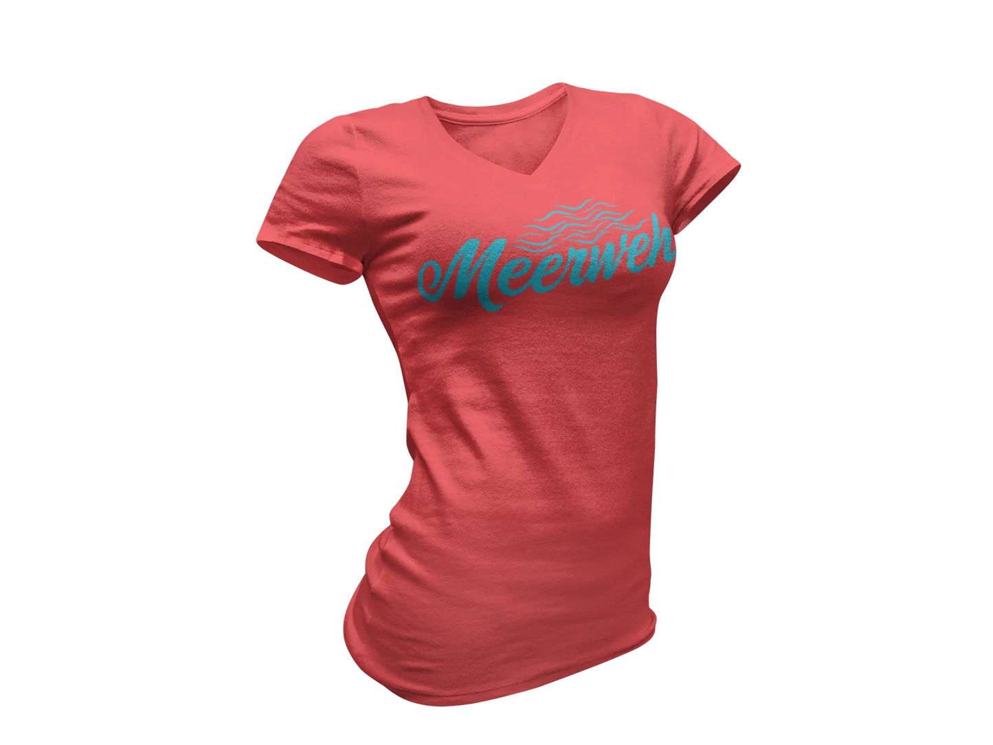Damen T-Shirt mit V-Ausschnitt – „Meerweh“ (Schriftzug, Türkis)