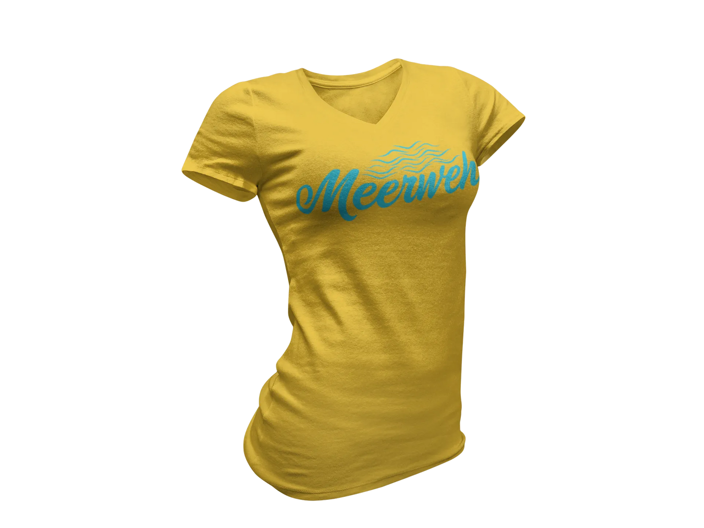 Damen T-Shirt mit V-Ausschnitt – „Meerweh“ (Schriftzug, Türkis)
