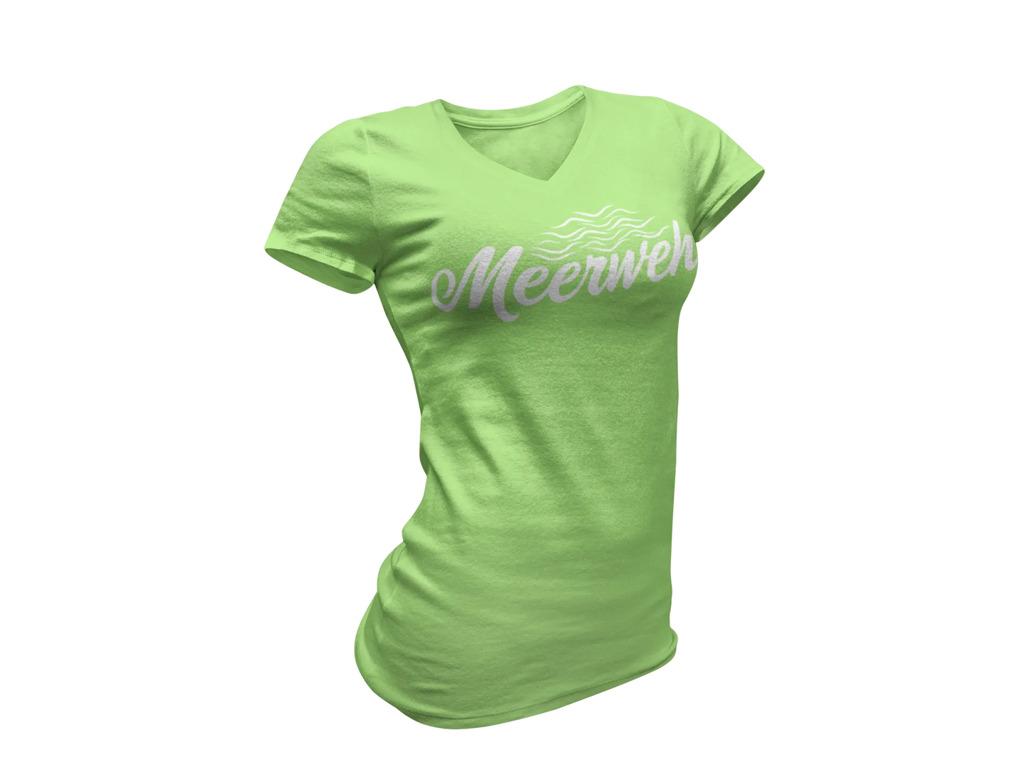 Damen T-Shirt mit V-Ausschnitt – „Meerweh“ (Schriftzug, Weiß)
