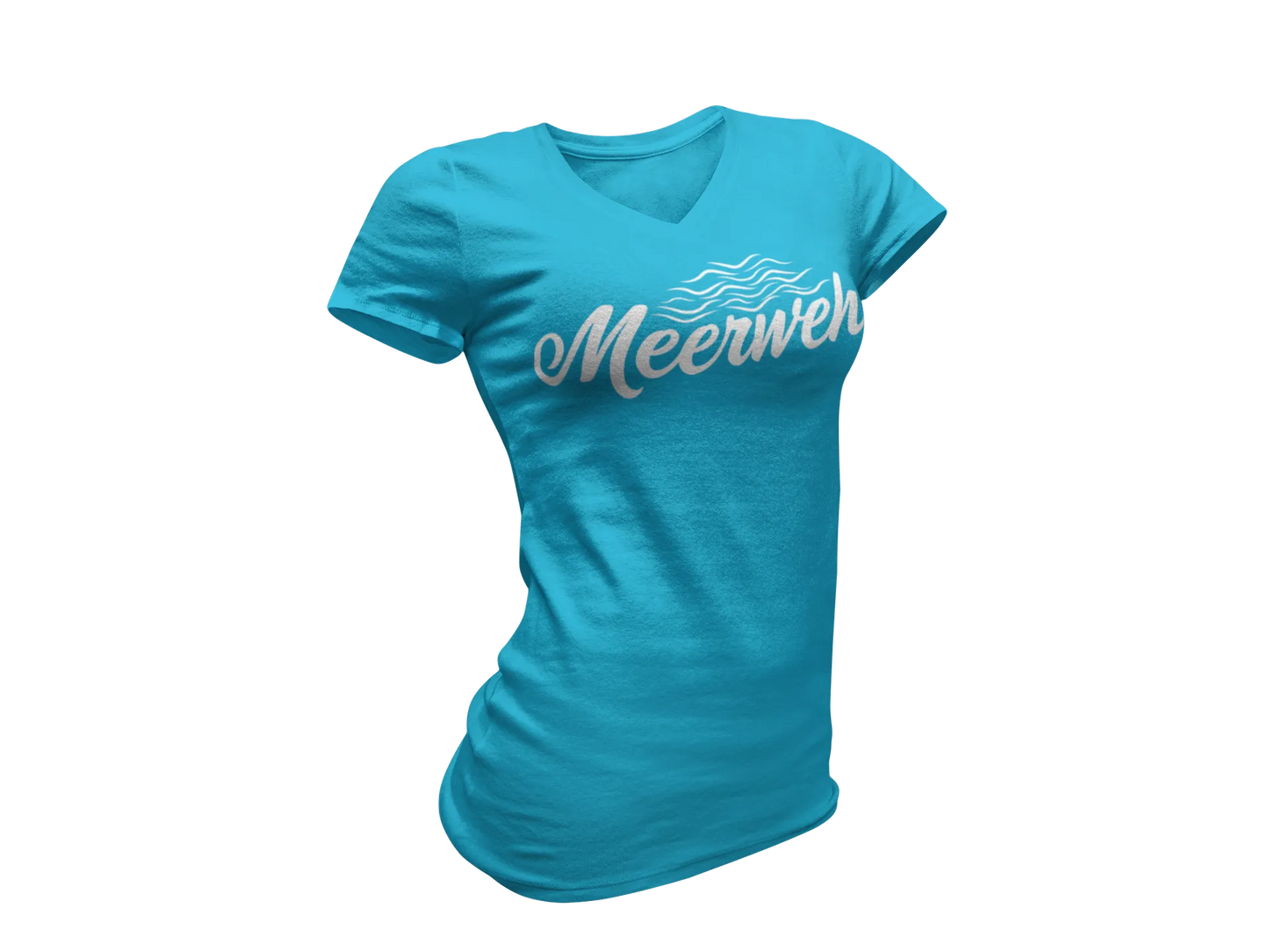 Damen T-Shirt mit V-Ausschnitt – „Meerweh“ (Schriftzug, Weiß)