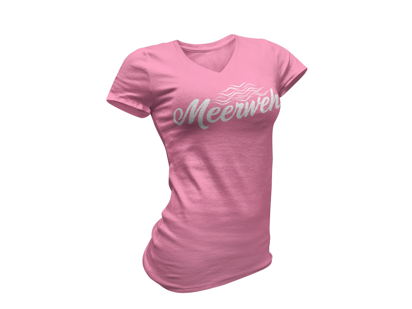 Damen T-Shirt mit V-Ausschnitt – „Meerweh“ (Schriftzug, Weiß)