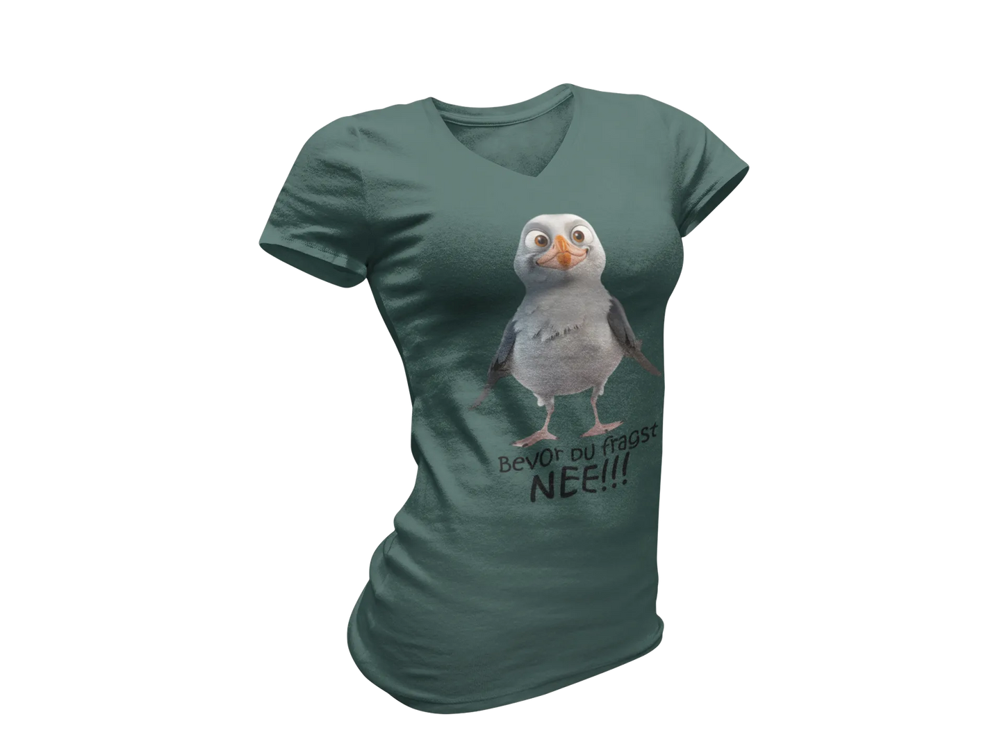 Damen T-Shirt mit V-Ausschnitt – „Bevor du fragst: NEE!!!“ (Möwe)