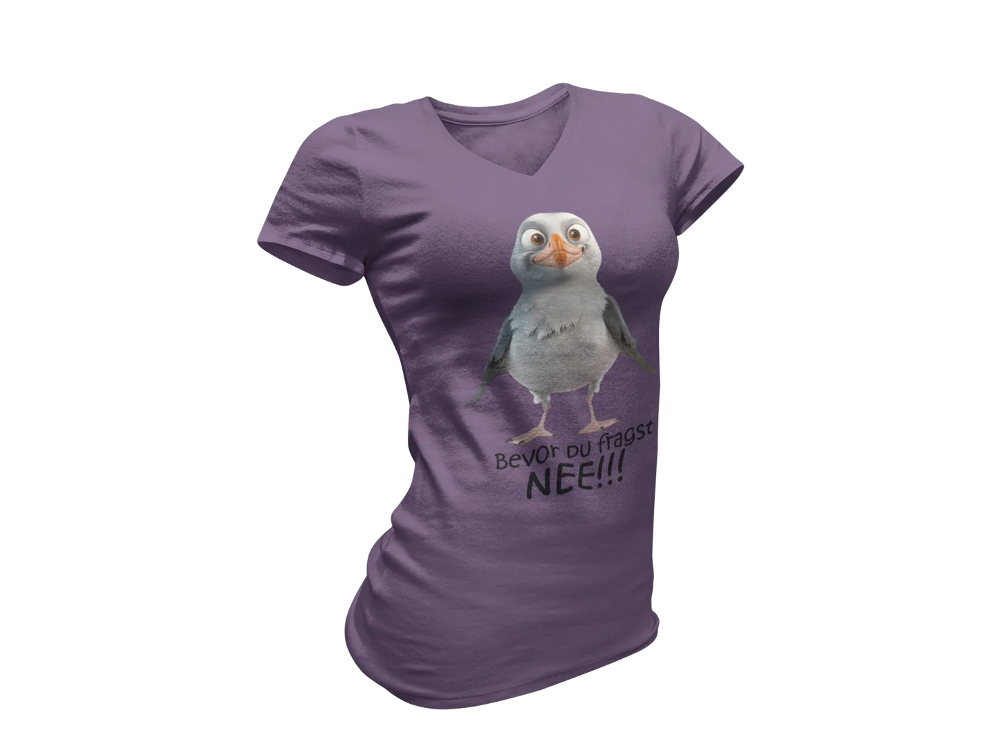 Damen T-Shirt mit V-Ausschnitt – „Bevor du fragst: NEE!!!“ (Möwe)