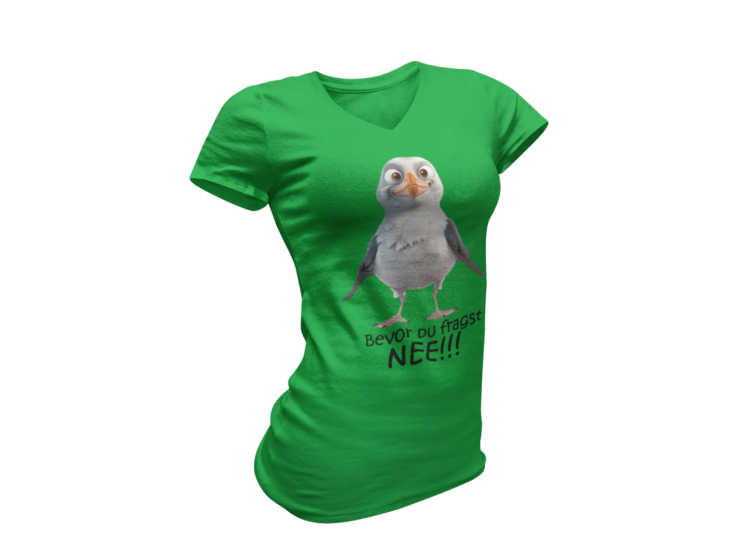 Damen T-Shirt mit V-Ausschnitt – „Bevor du fragst: NEE!!!“ (Möwe)