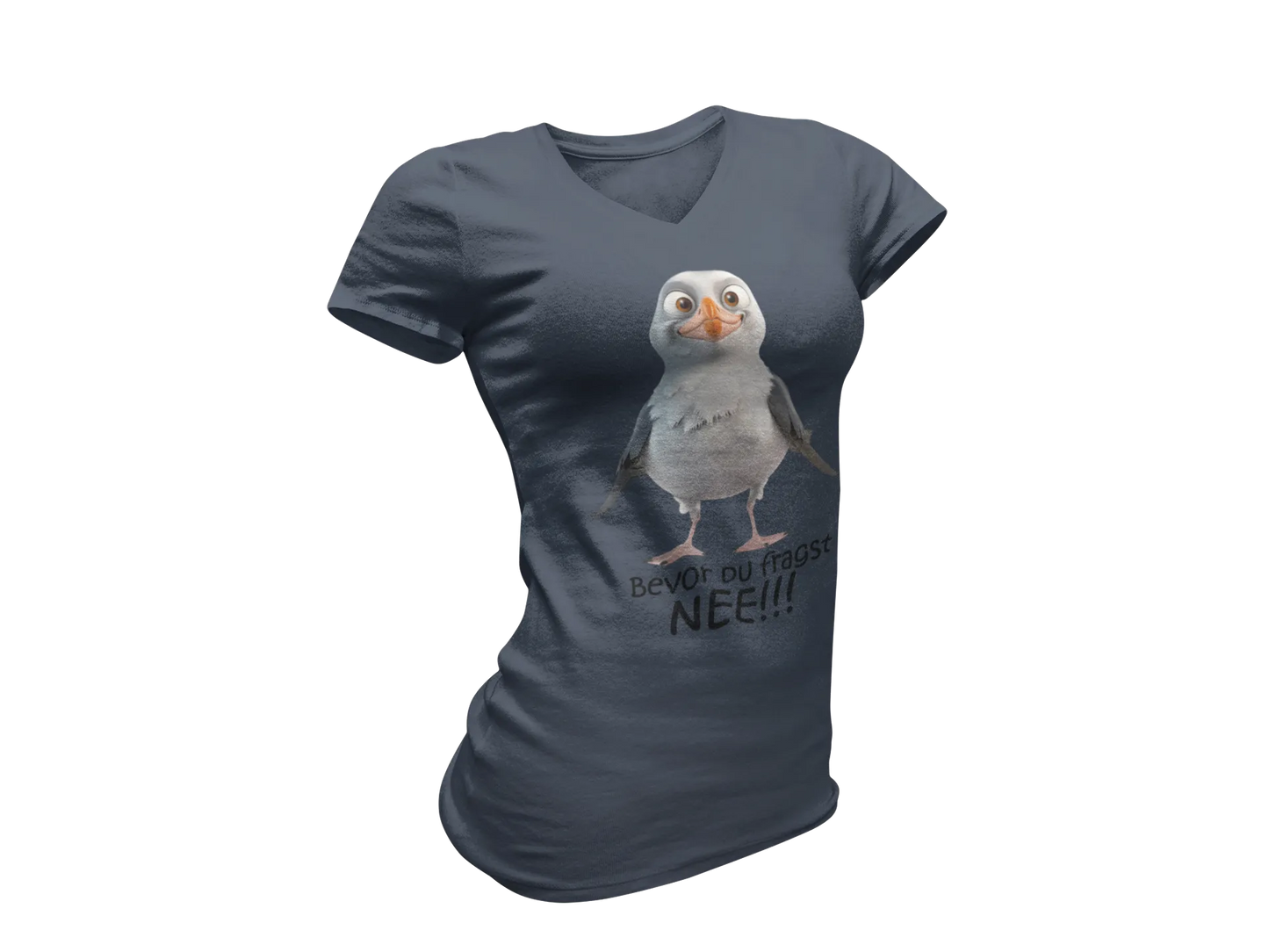 Damen T-Shirt mit V-Ausschnitt – „Bevor du fragst: NEE!!!“ (Möwe)