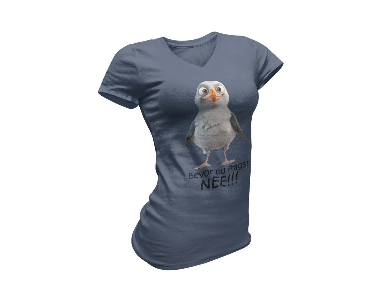 Damen T-Shirt mit V-Ausschnitt – „Bevor du fragst: NEE!!!“ (Möwe)