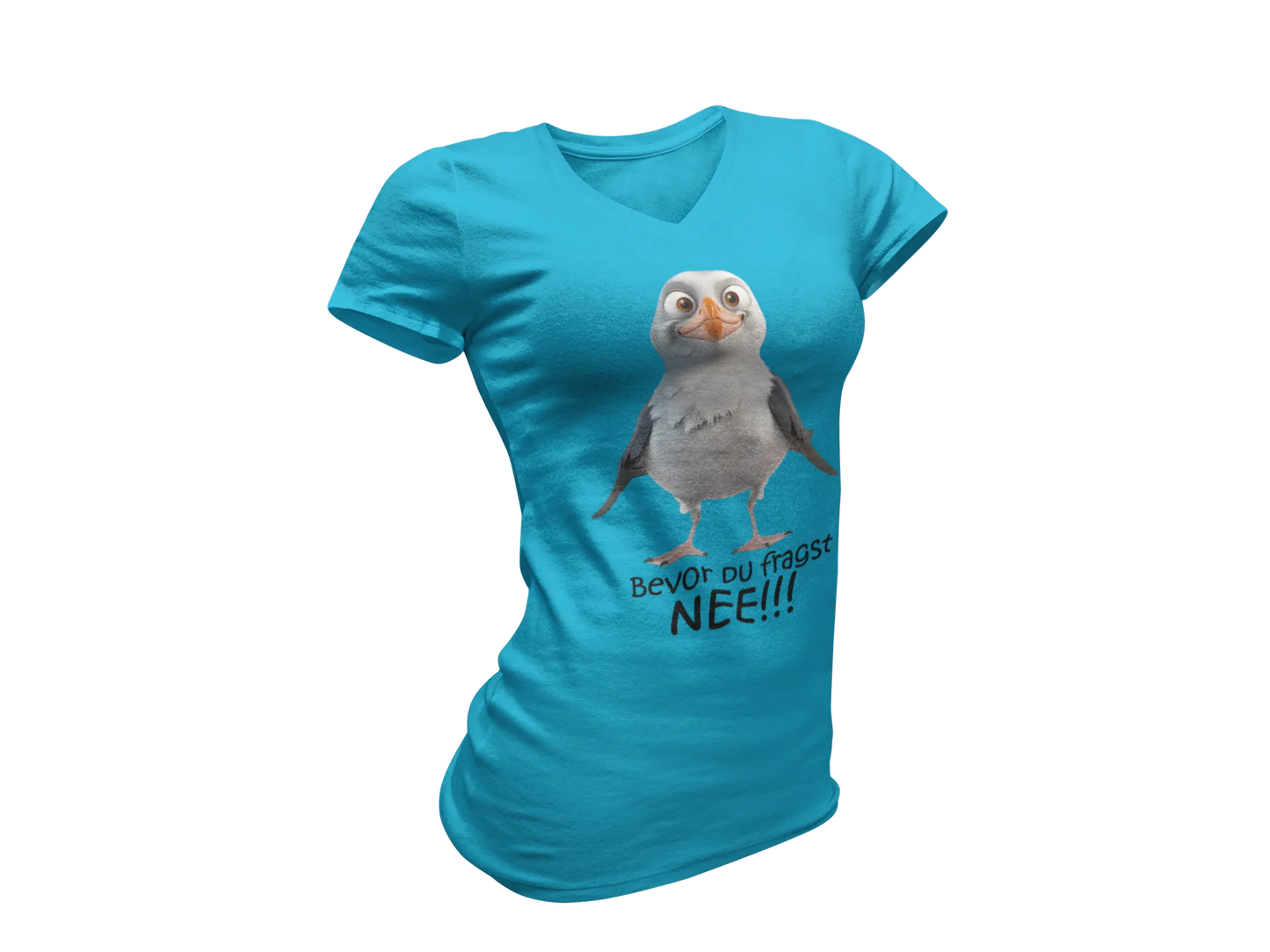 Damen T-Shirt mit V-Ausschnitt – „Bevor du fragst: NEE!!!“ (Möwe)