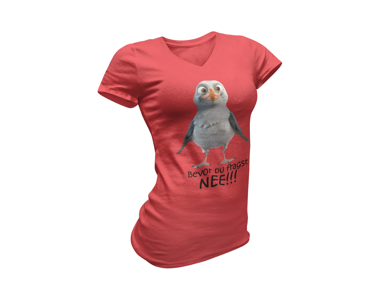 Damen T-Shirt mit V-Ausschnitt – „Bevor du fragst: NEE!!!“ (Möwe)