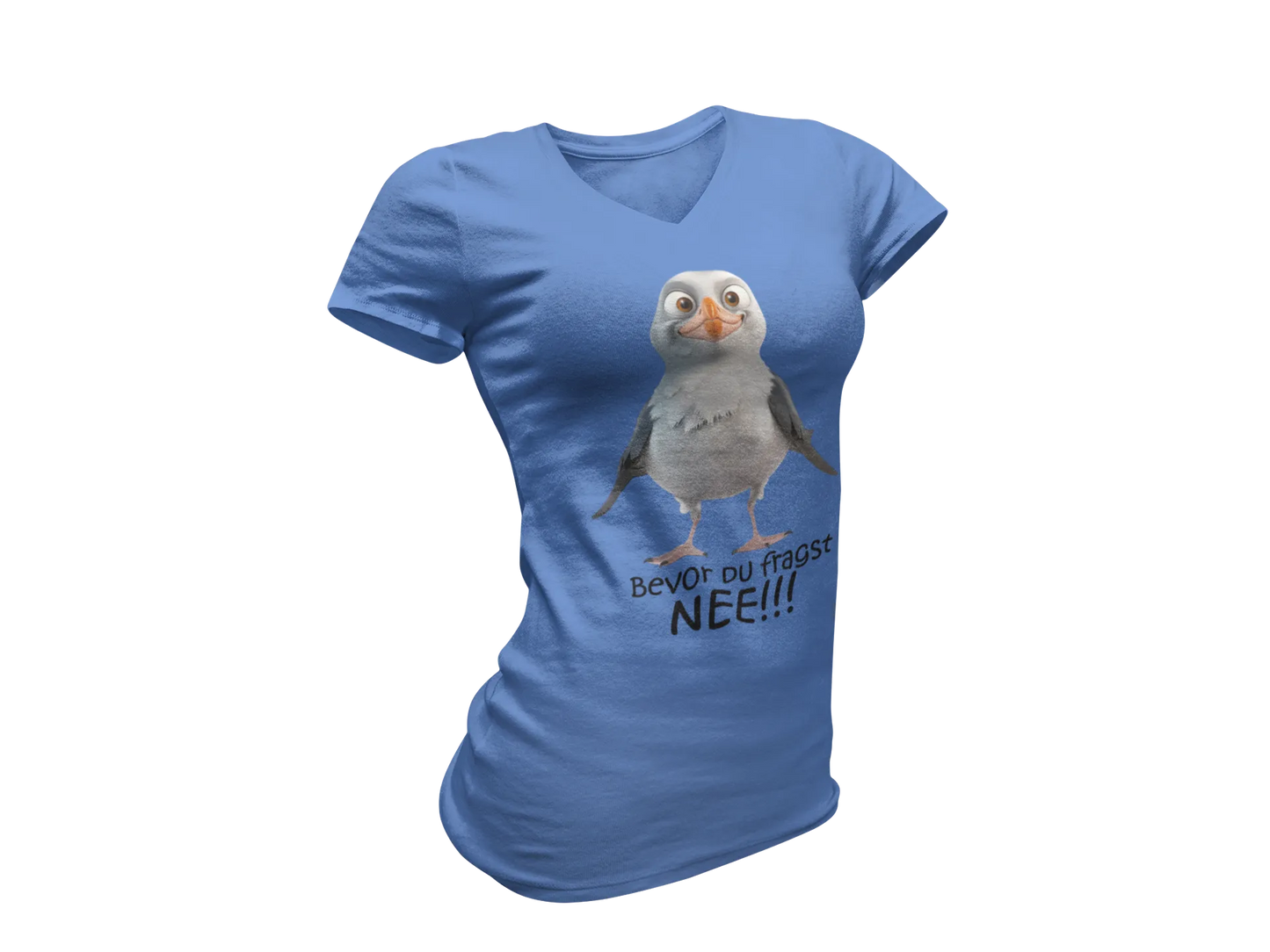 Damen T-Shirt mit V-Ausschnitt – „Bevor du fragst: NEE!!!“ (Möwe)