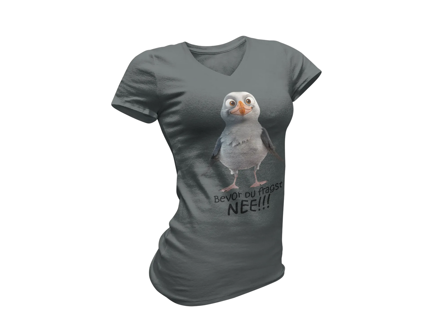 Damen T-Shirt mit V-Ausschnitt – „Bevor du fragst: NEE!!!“ (Möwe)