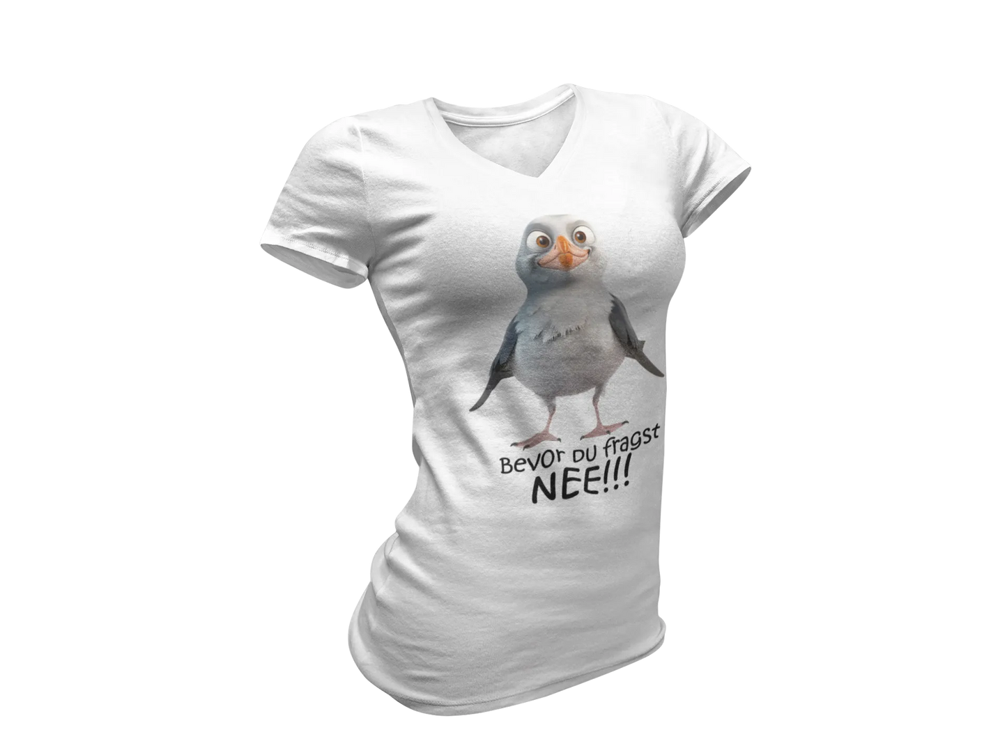 Damen T-Shirt mit V-Ausschnitt – „Bevor du fragst: NEE!!!“ (Möwe)