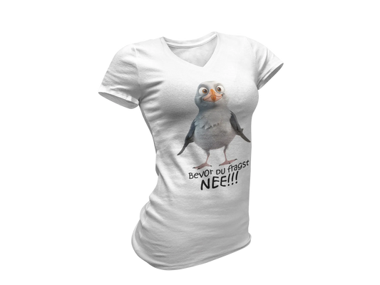 Damen T-Shirt mit V-Ausschnitt – „Bevor du fragst: NEE!!!“ (Möwe)