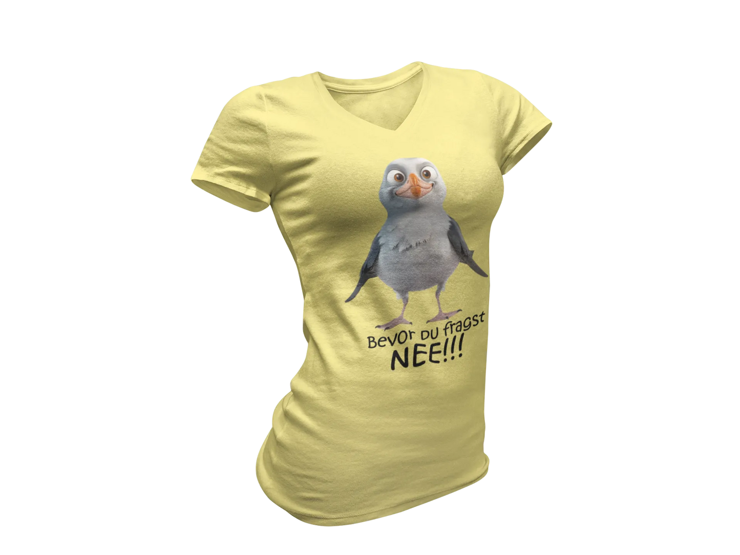 Damen T-Shirt mit V-Ausschnitt – „Bevor du fragst: NEE!!!“ (Möwe)