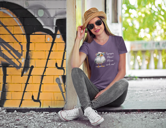 Damen T-Shirt mit V-Ausschnitt – „Möwie noch een?“