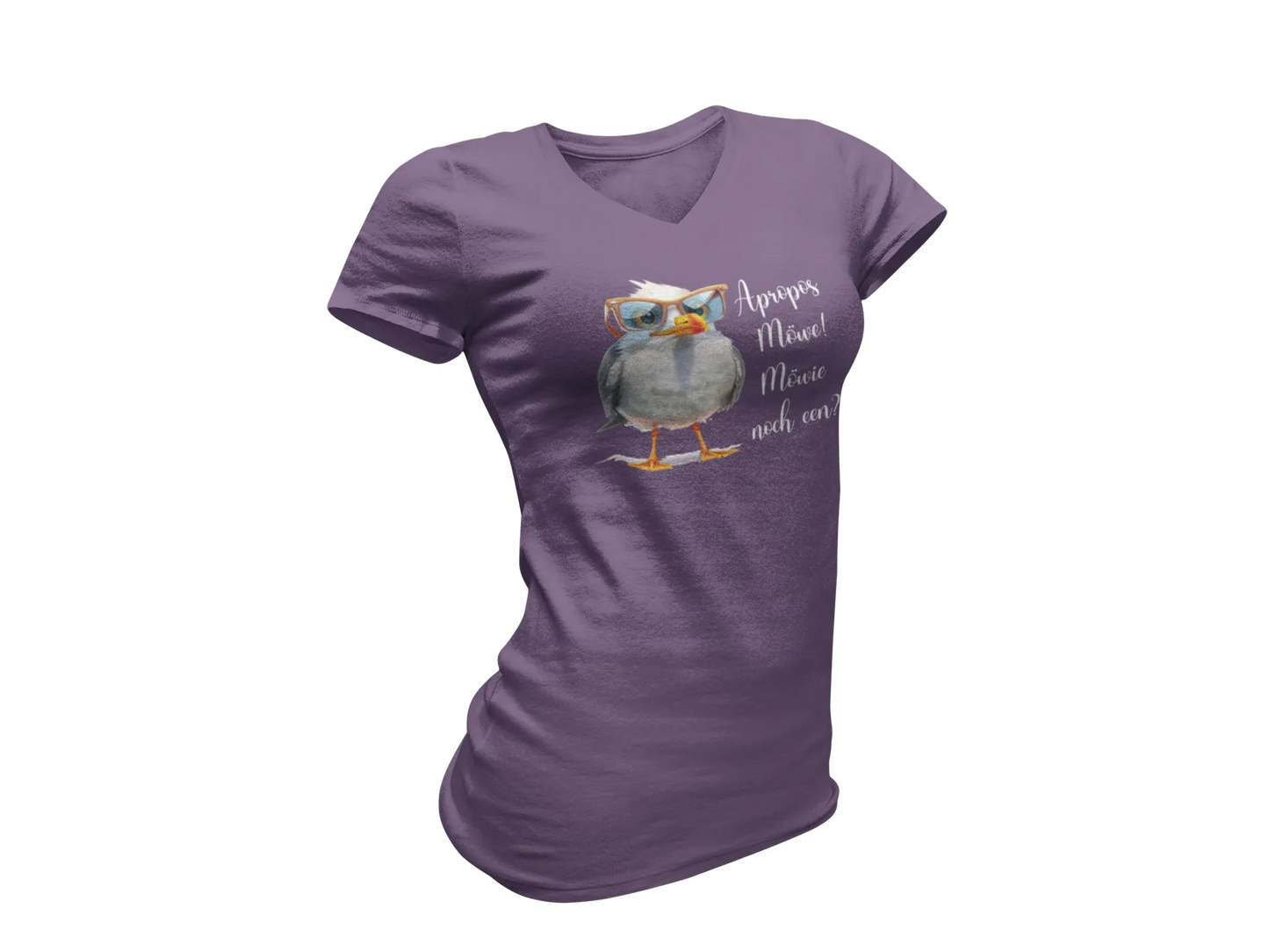 Damen T-Shirt mit V-Ausschnitt – „Möwie noch een?“