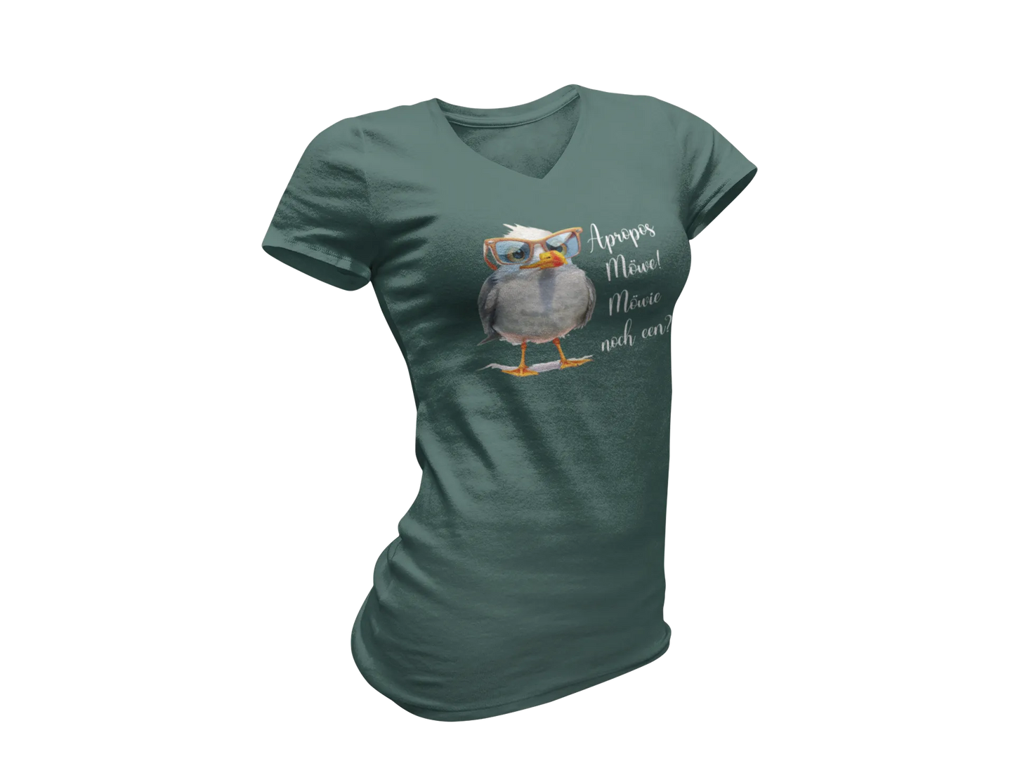 Damen T-Shirt mit V-Ausschnitt – „Möwie noch een?“