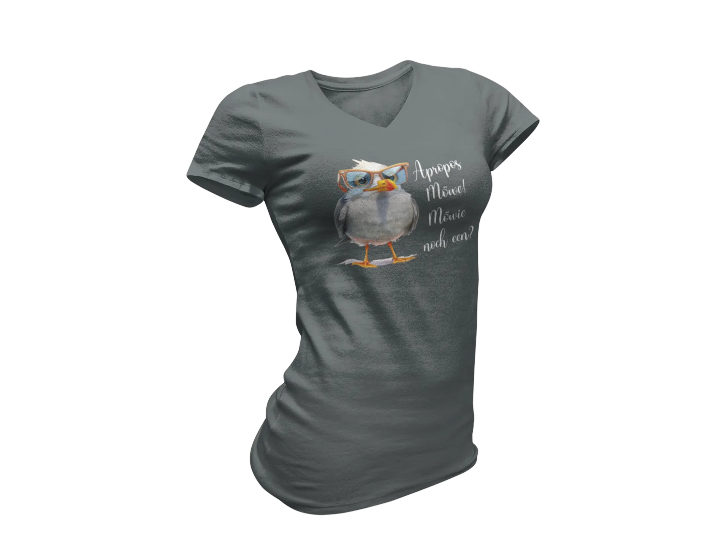 Damen T-Shirt mit V-Ausschnitt – „Möwie noch een?“