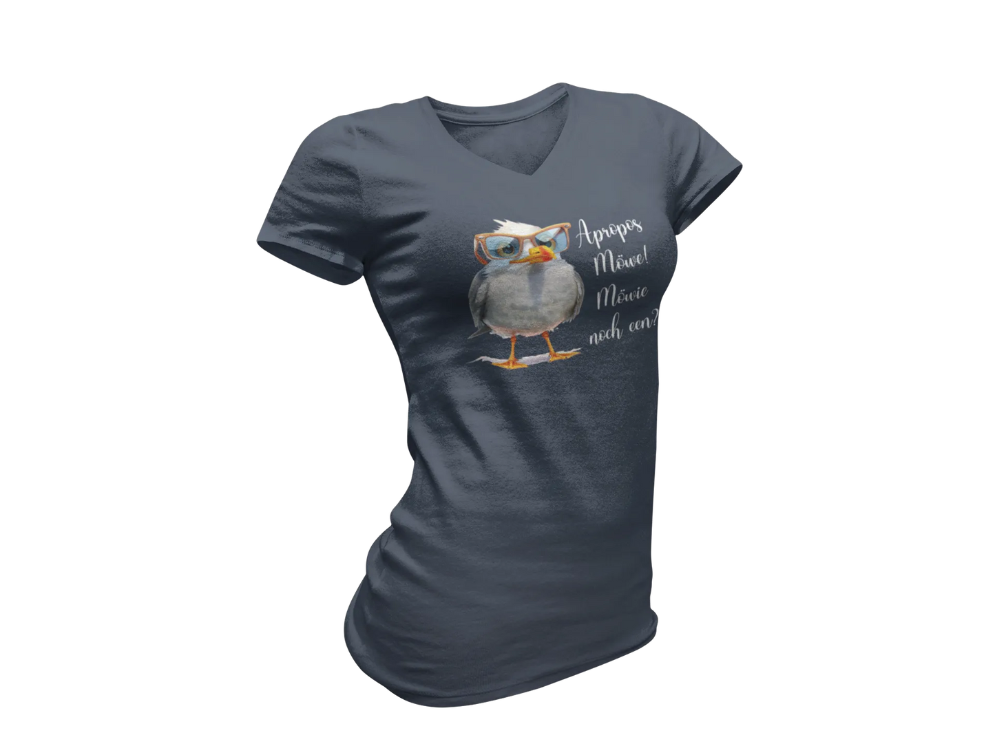 Damen T-Shirt mit V-Ausschnitt – „Möwie noch een?“