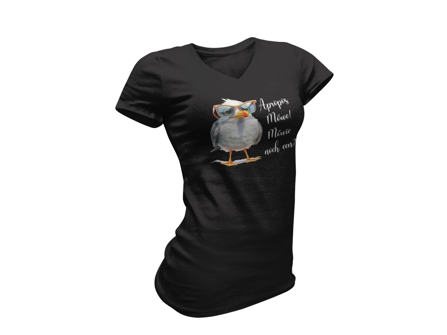 Damen T-Shirt mit V-Ausschnitt – „Möwie noch een?“