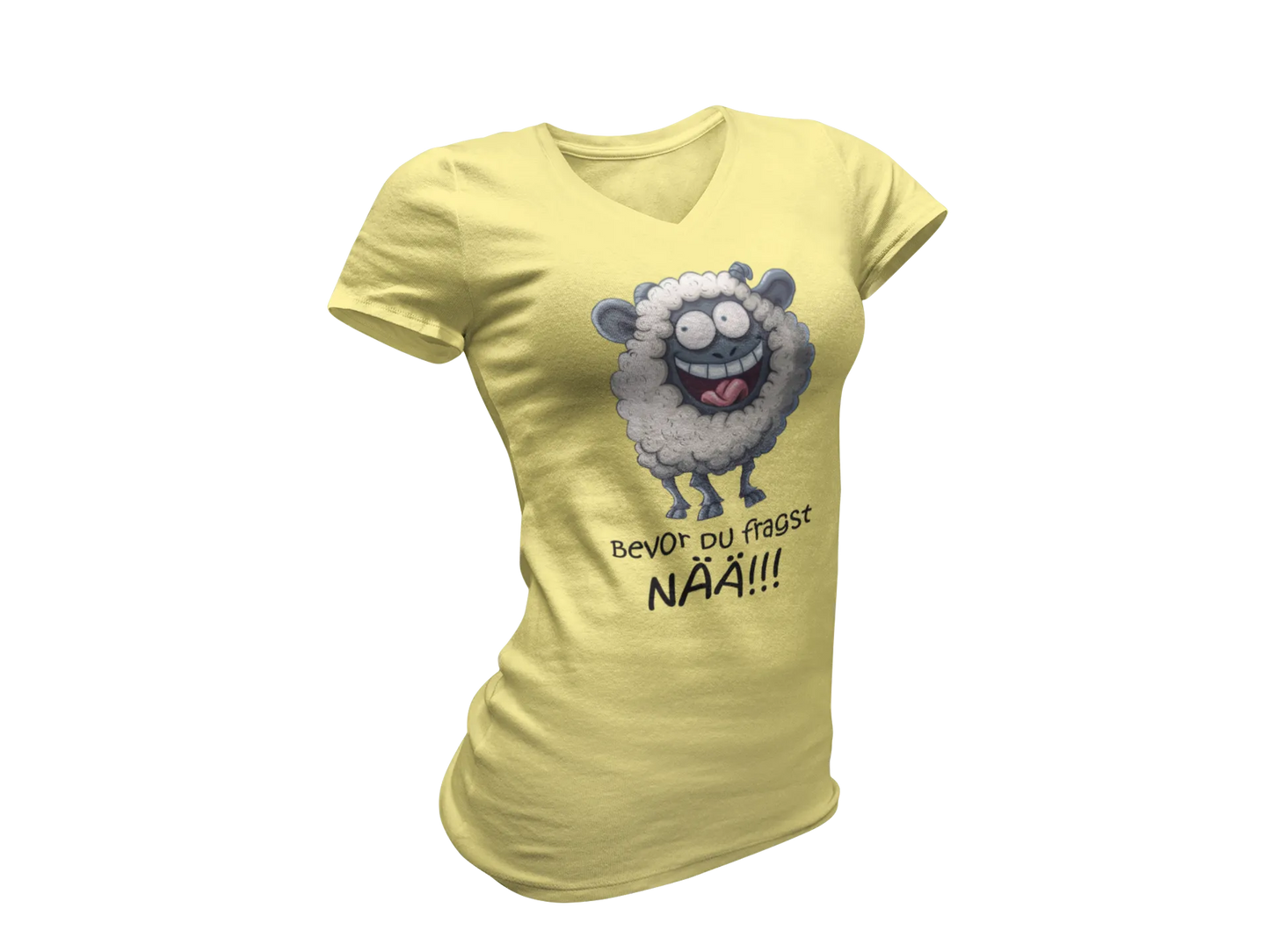 Damen T-Shirt mit V-Ausschnitt – „Bevor du fragst: NÄÄ!!!“ (Schaf)