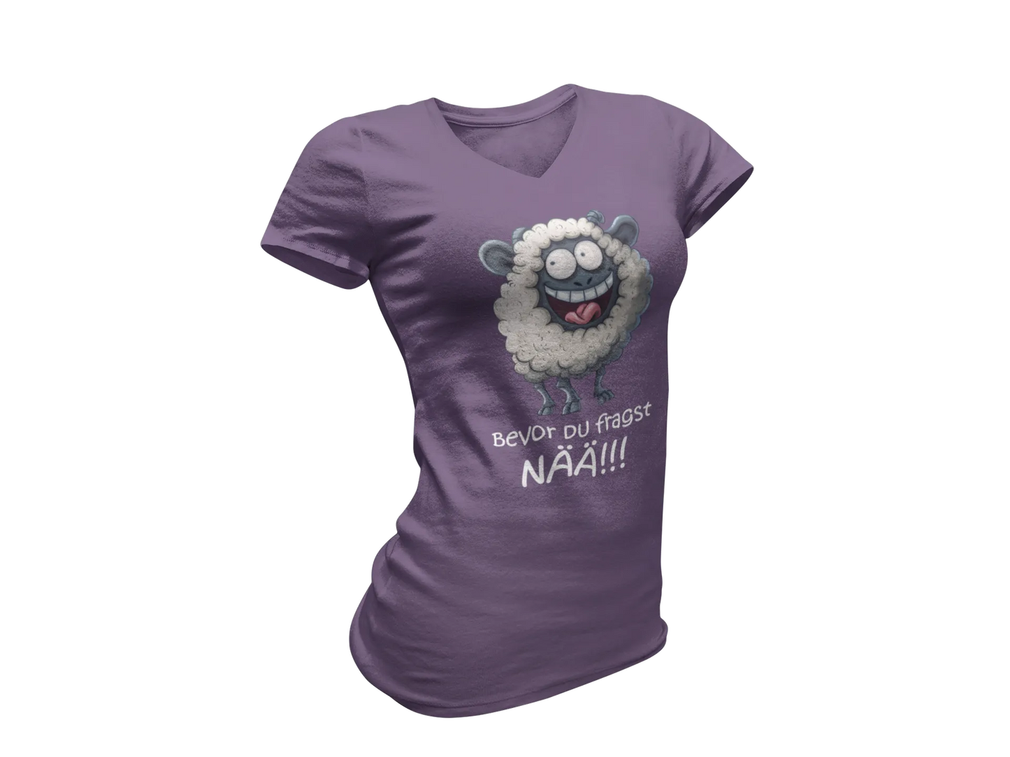 Damen T-Shirt mit V-Ausschnitt – „Bevor du fragst: NÄÄ!!!“ (Schaf)