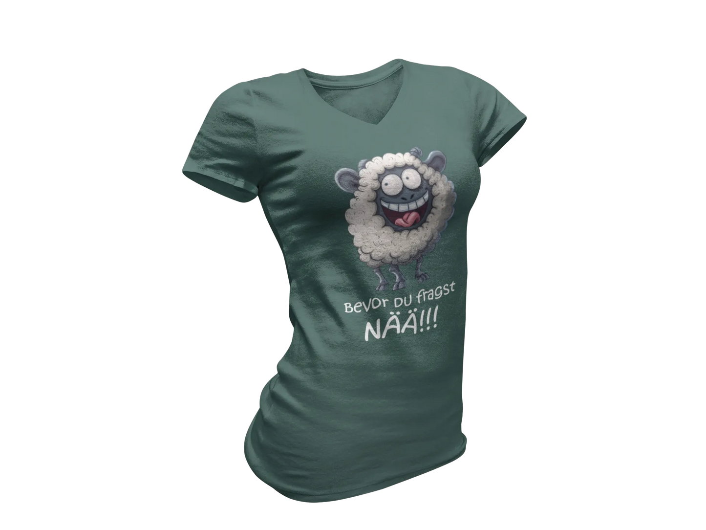 Damen T-Shirt mit V-Ausschnitt – „Bevor du fragst: NÄÄ!!!“ (Schaf)