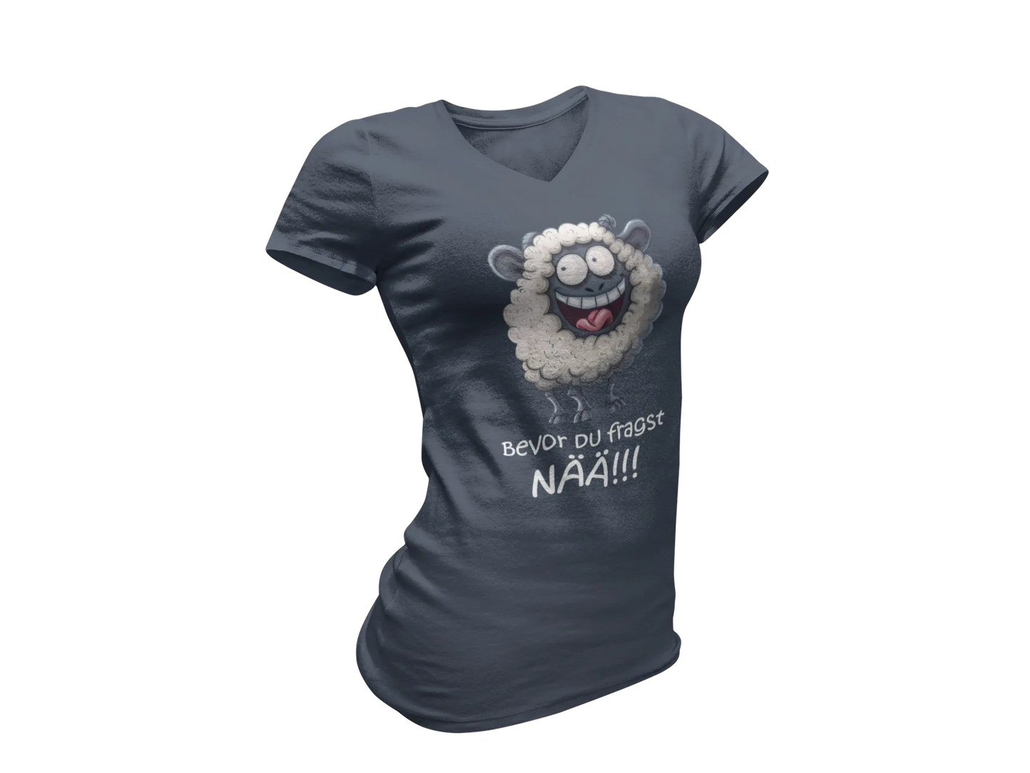 Damen T-Shirt mit V-Ausschnitt – „Bevor du fragst: NÄÄ!!!“ (Schaf)