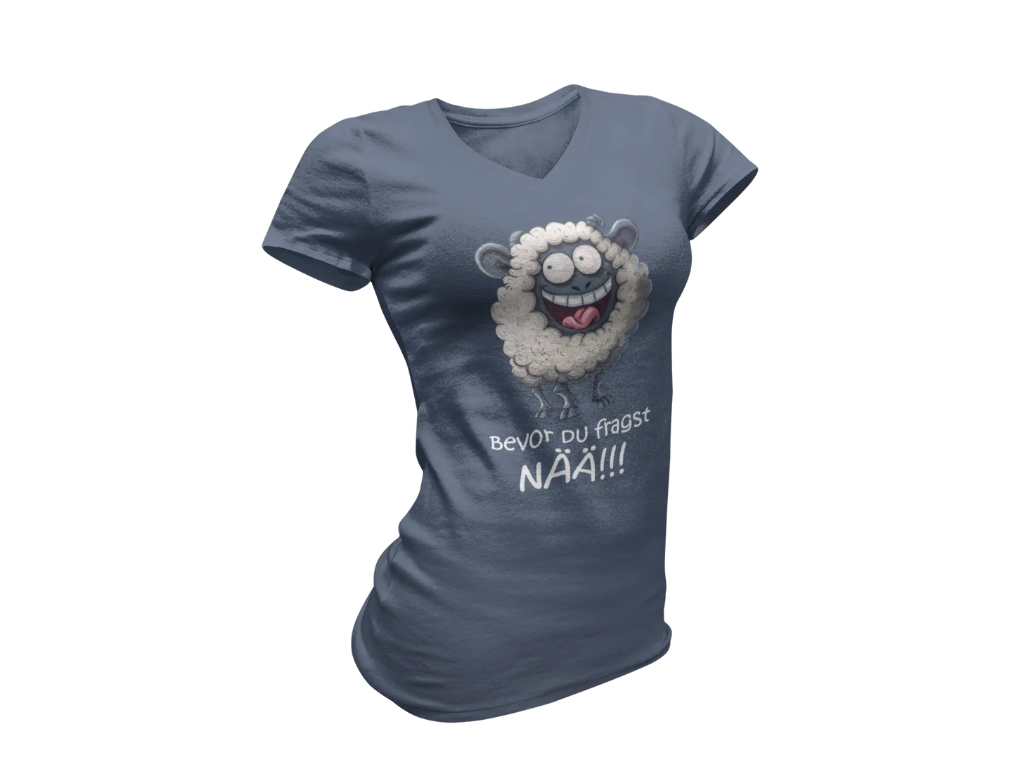 Damen T-Shirt mit V-Ausschnitt – „Bevor du fragst: NÄÄ!!!“ (Schaf)