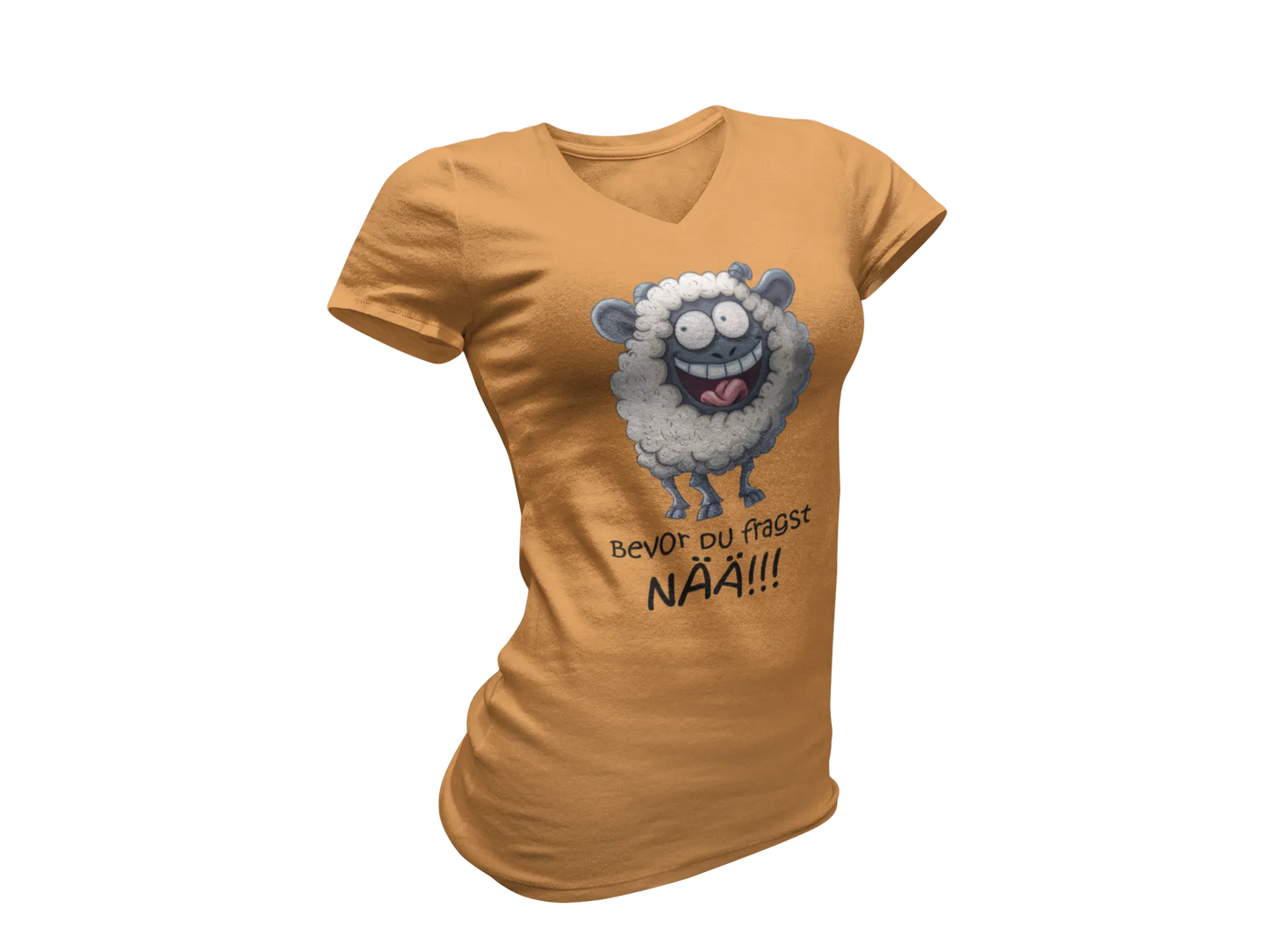 Damen T-Shirt mit V-Ausschnitt – „Bevor du fragst: NÄÄ!!!“ (Schaf)