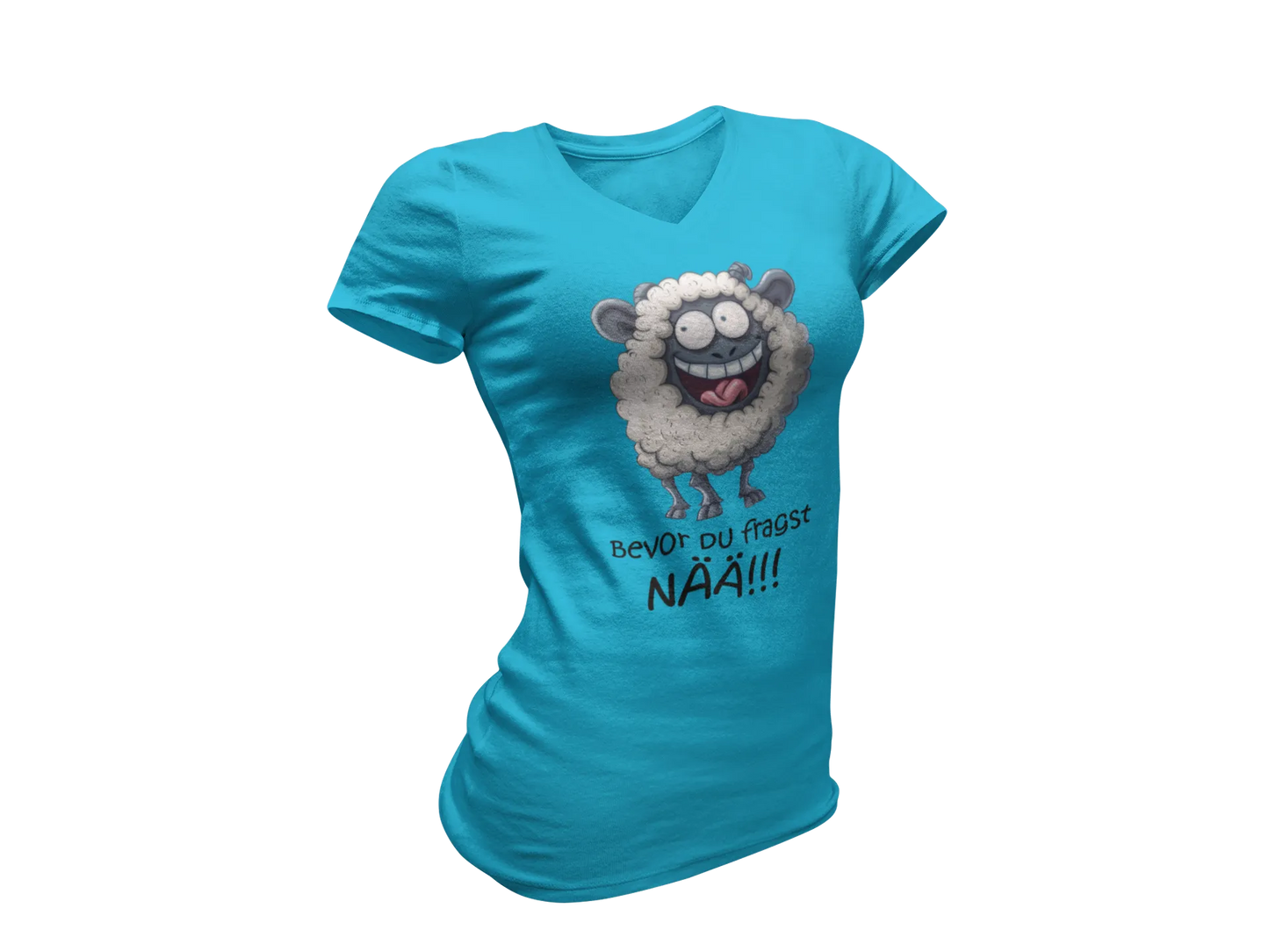 Damen T-Shirt mit V-Ausschnitt – „Bevor du fragst: NÄÄ!!!“ (Schaf)