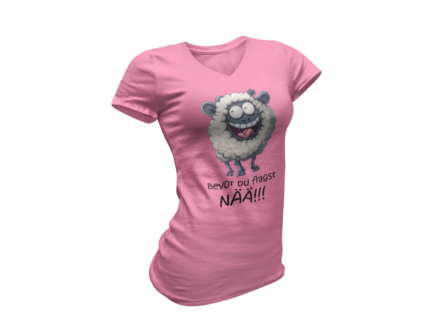 Damen T-Shirt mit V-Ausschnitt – „Bevor du fragst: NÄÄ!!!“ (Schaf)