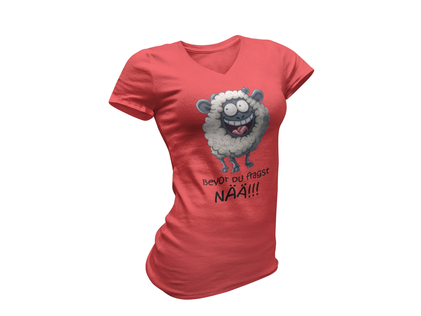 Damen T-Shirt mit V-Ausschnitt – „Bevor du fragst: NÄÄ!!!“ (Schaf)